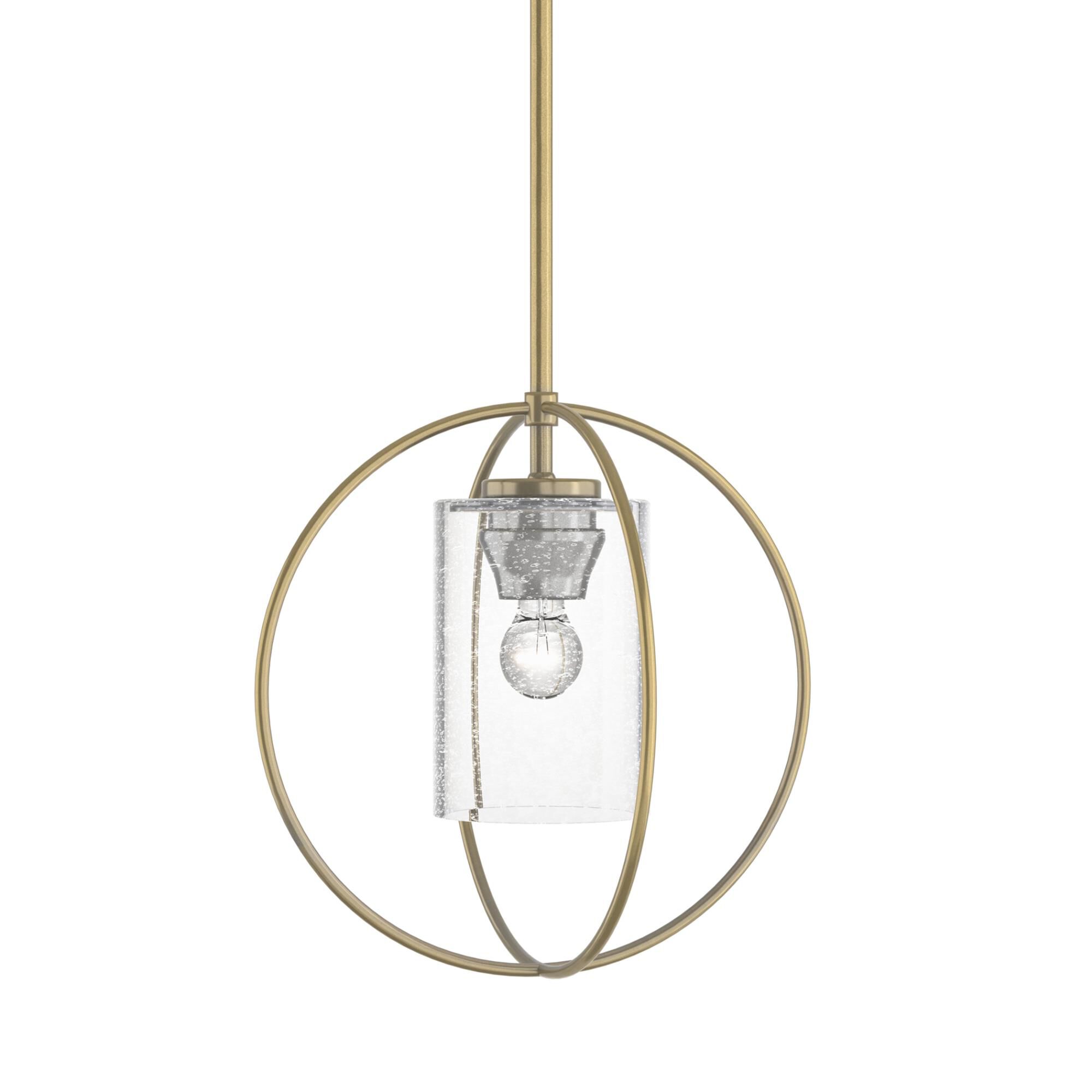 Shown in Modern Brass finish and Seeded Clear glass