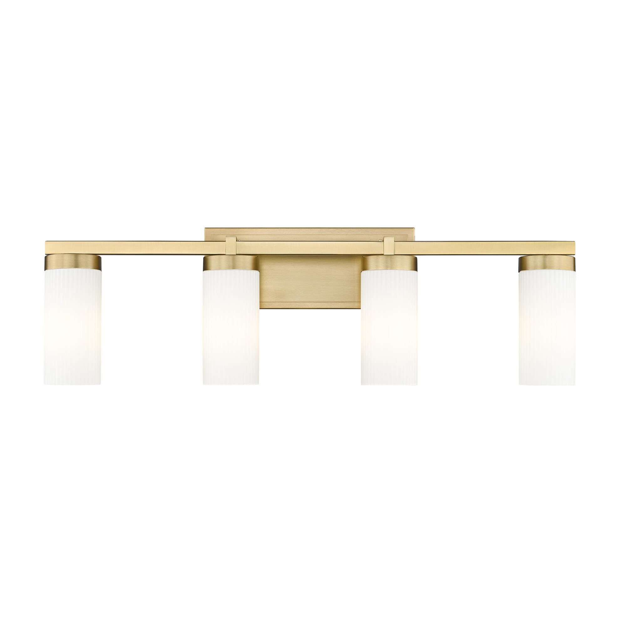 Shown in Modern Gold finish and White glass and White shade