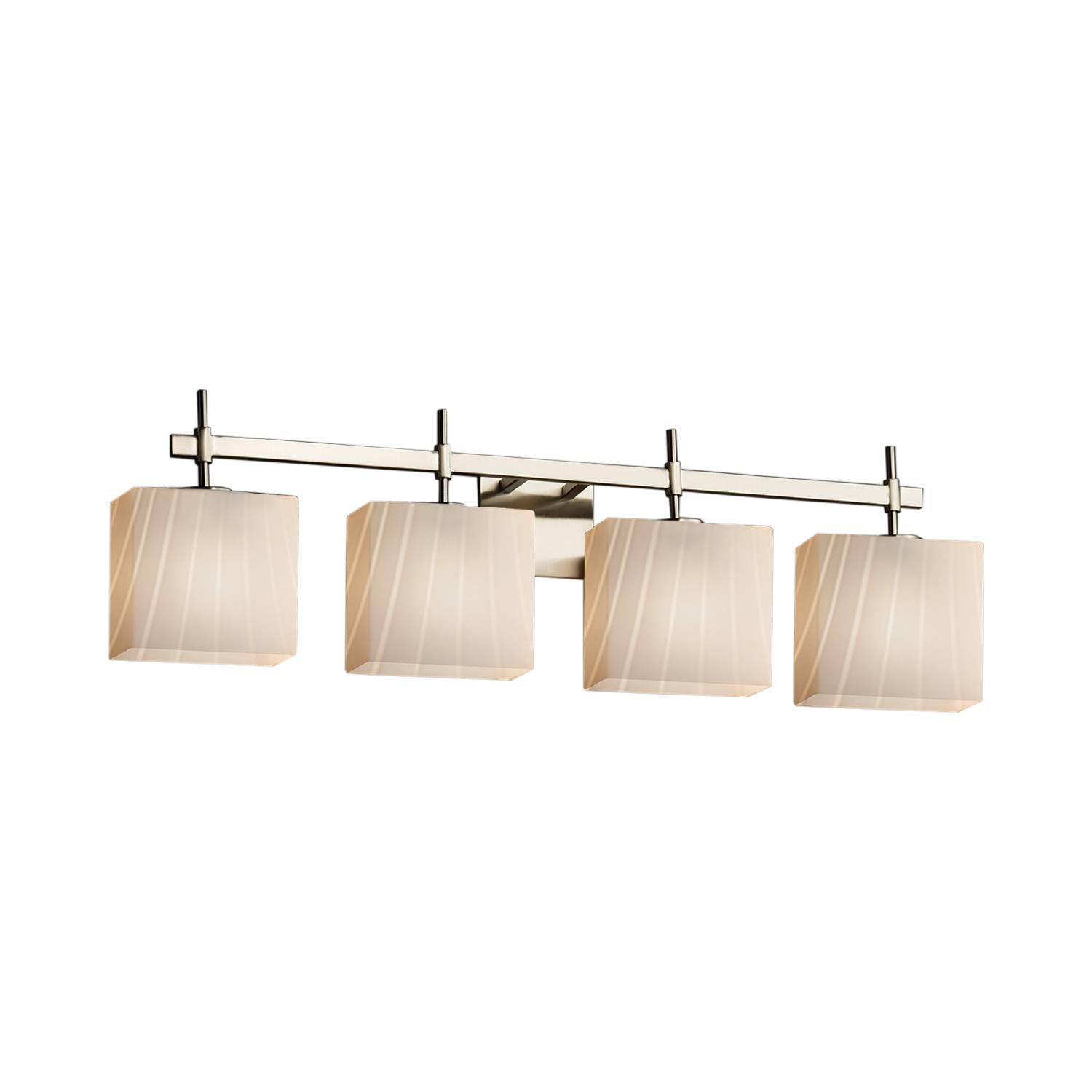 Shown in Brushed Nickel finish and Artisan glass and Ribbon shade and Rectangle accent