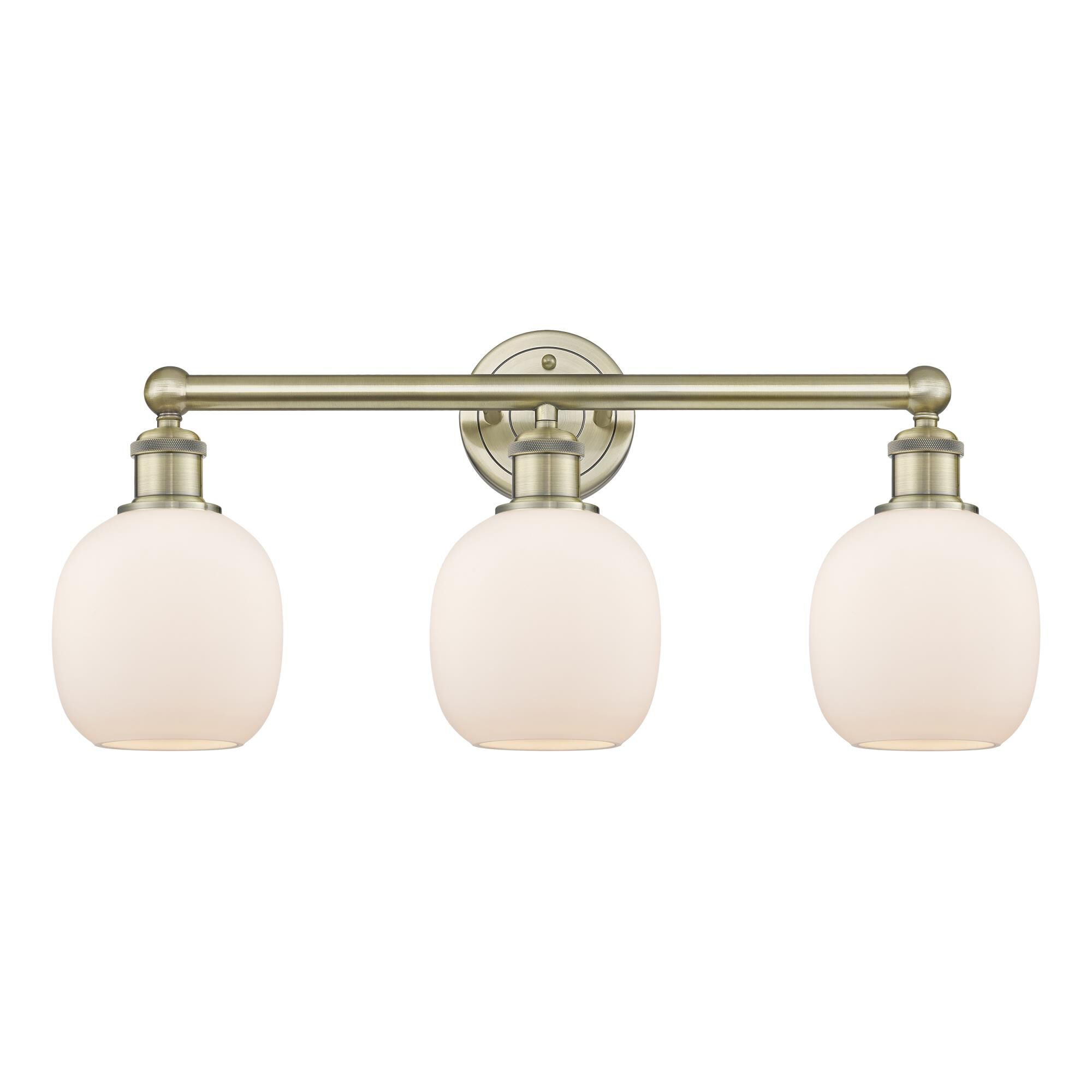 Shown in Antique Brass finish and Matte White glass