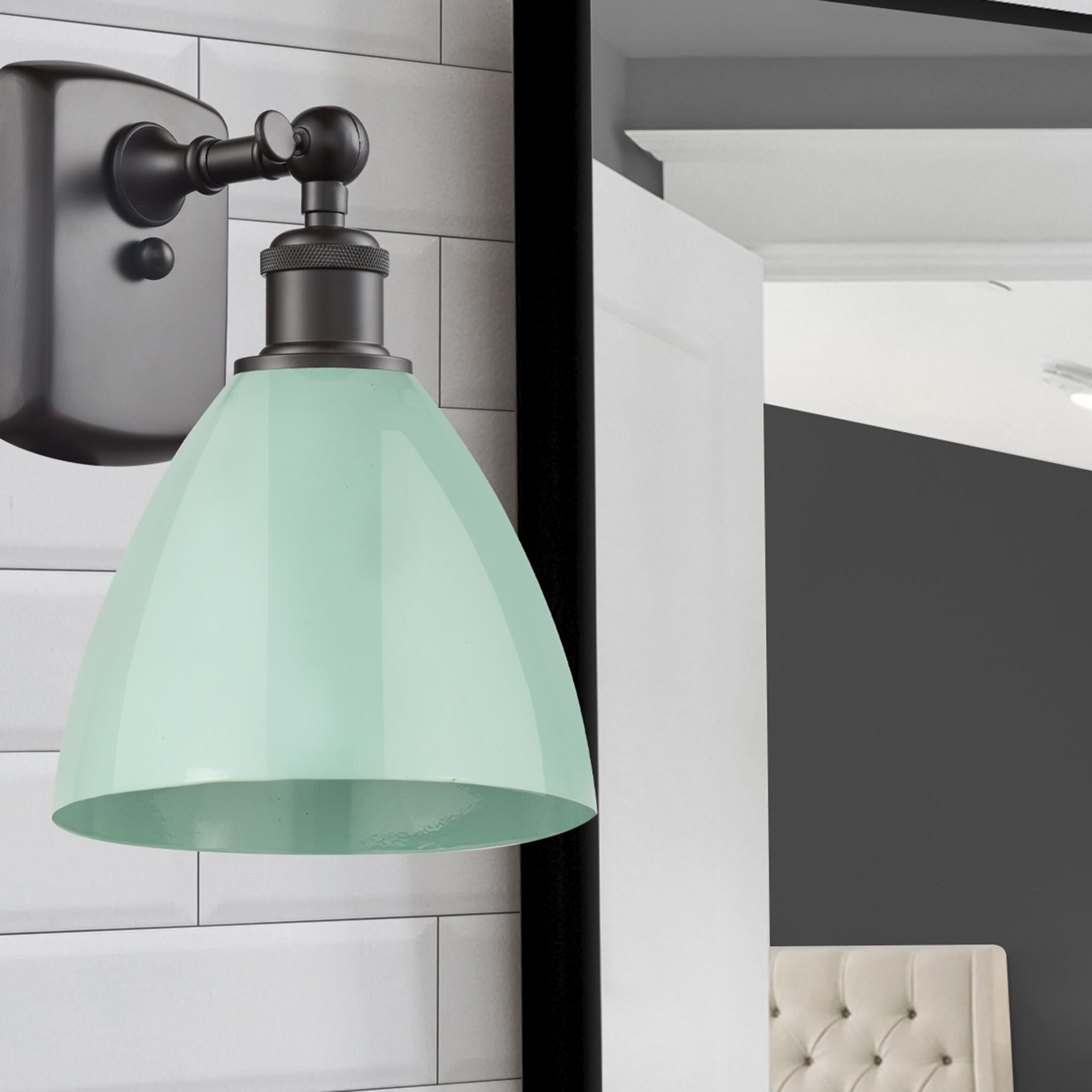 Shown in Oil Rubbed Bronze finish and Seafoam Plymouth Dome shade