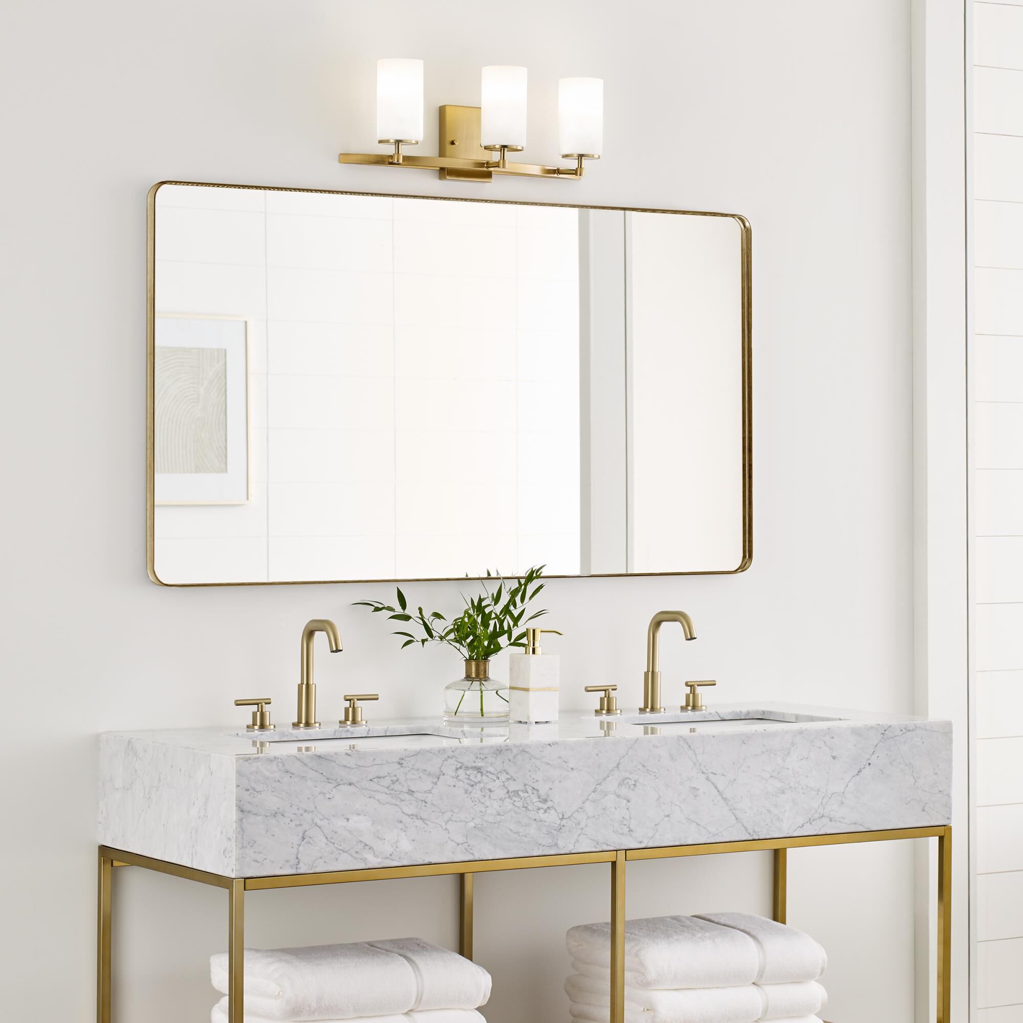 Shown in Satin Brass finish and Etched - White Insidehades glass