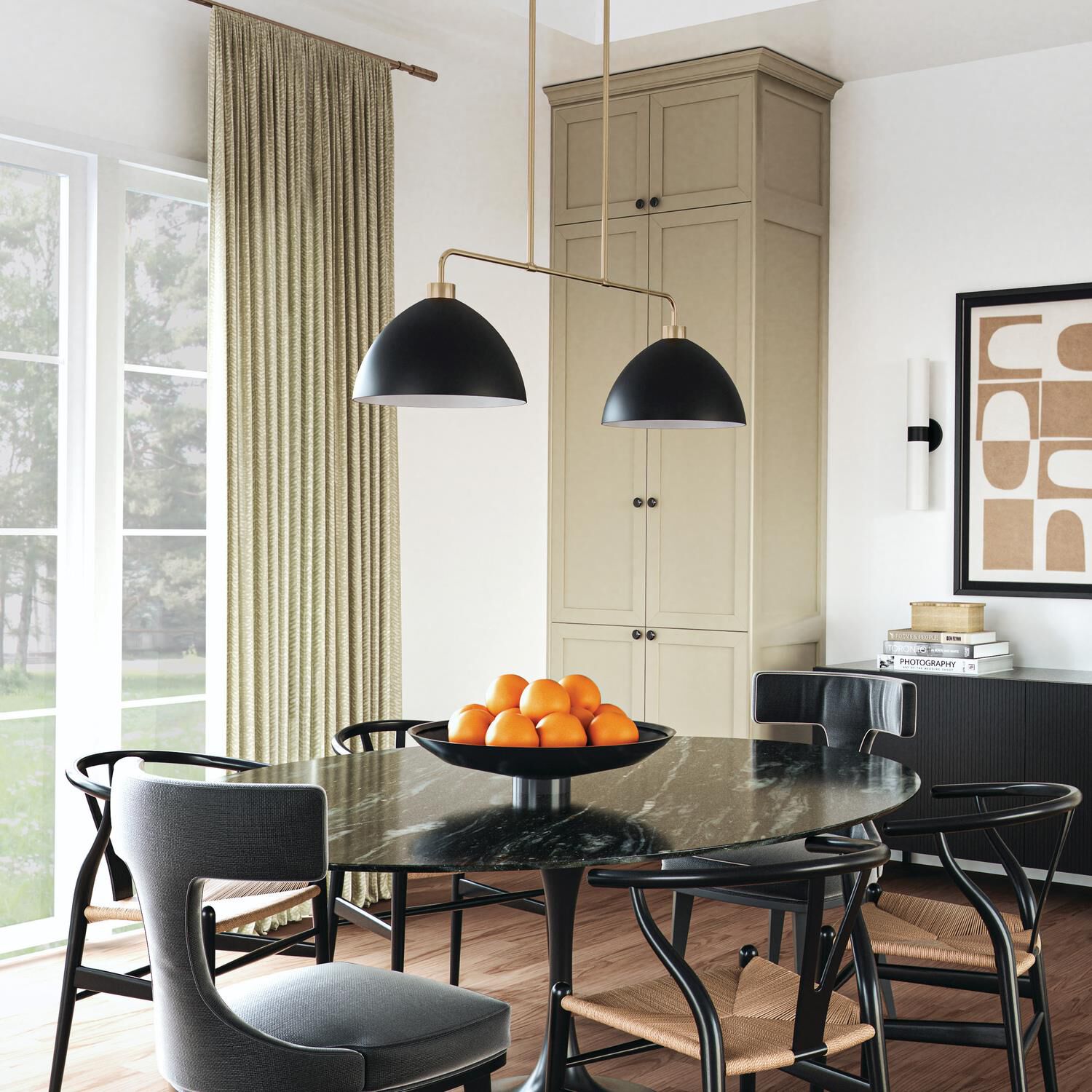 Shown in Aged Brass And Black finish and Matte Black Metal s With White Interior shade