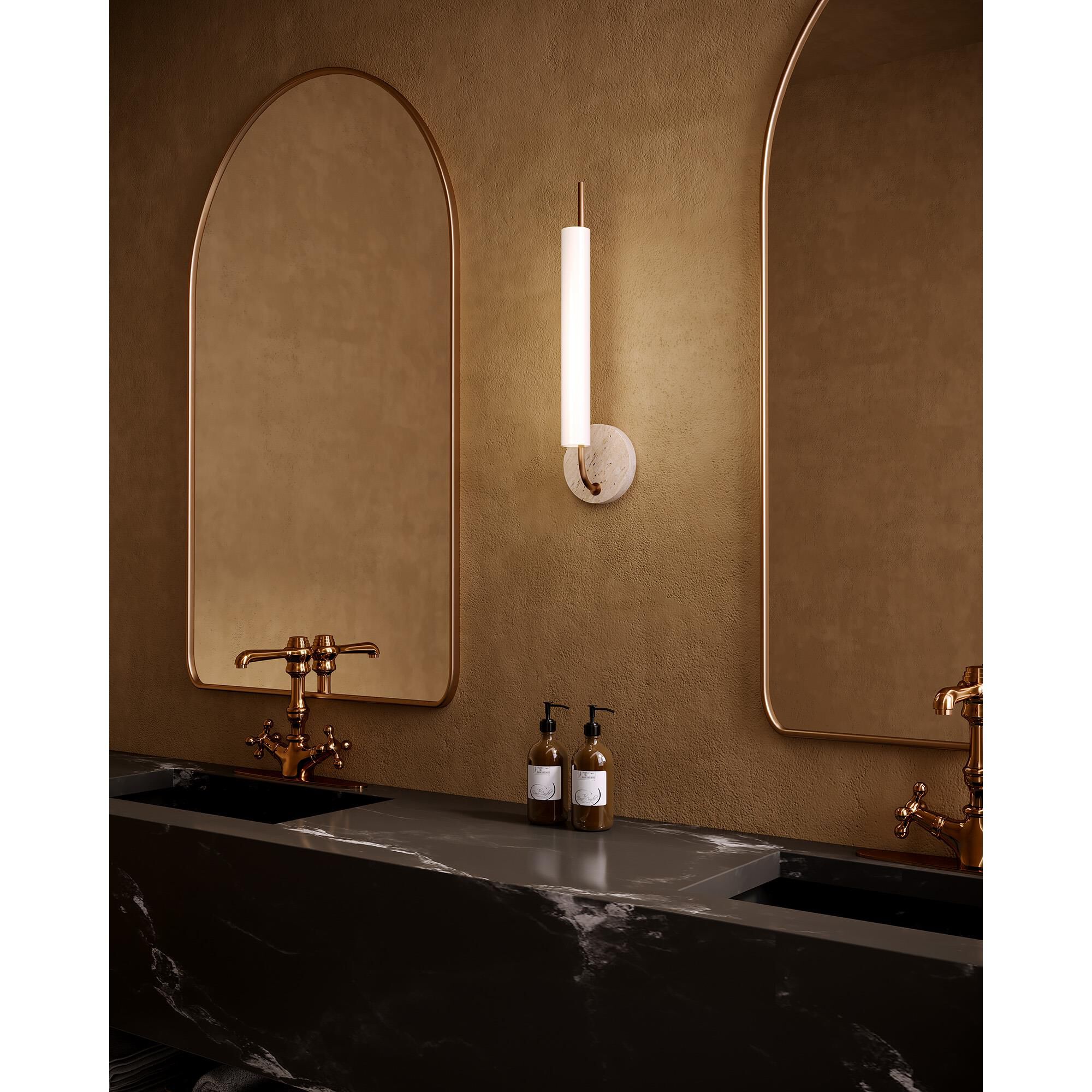 Shown in Vintage Brass and Travertine finish and Matte Opal glass