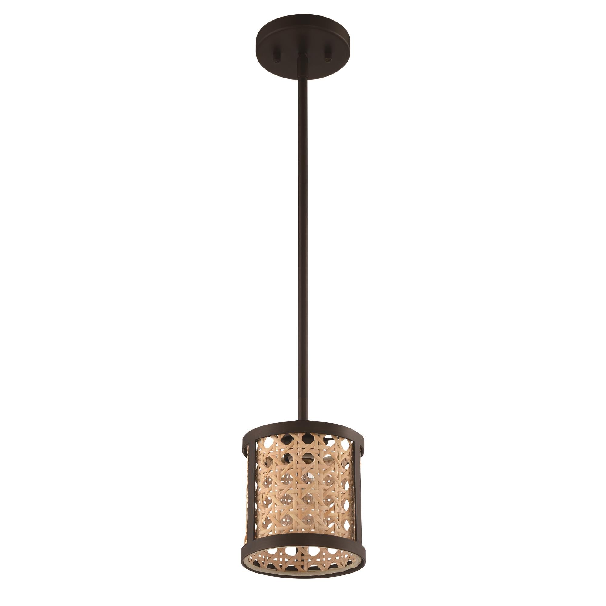 Shown in Aged Bronze Brushed finish and Natural glass and Rattan shade