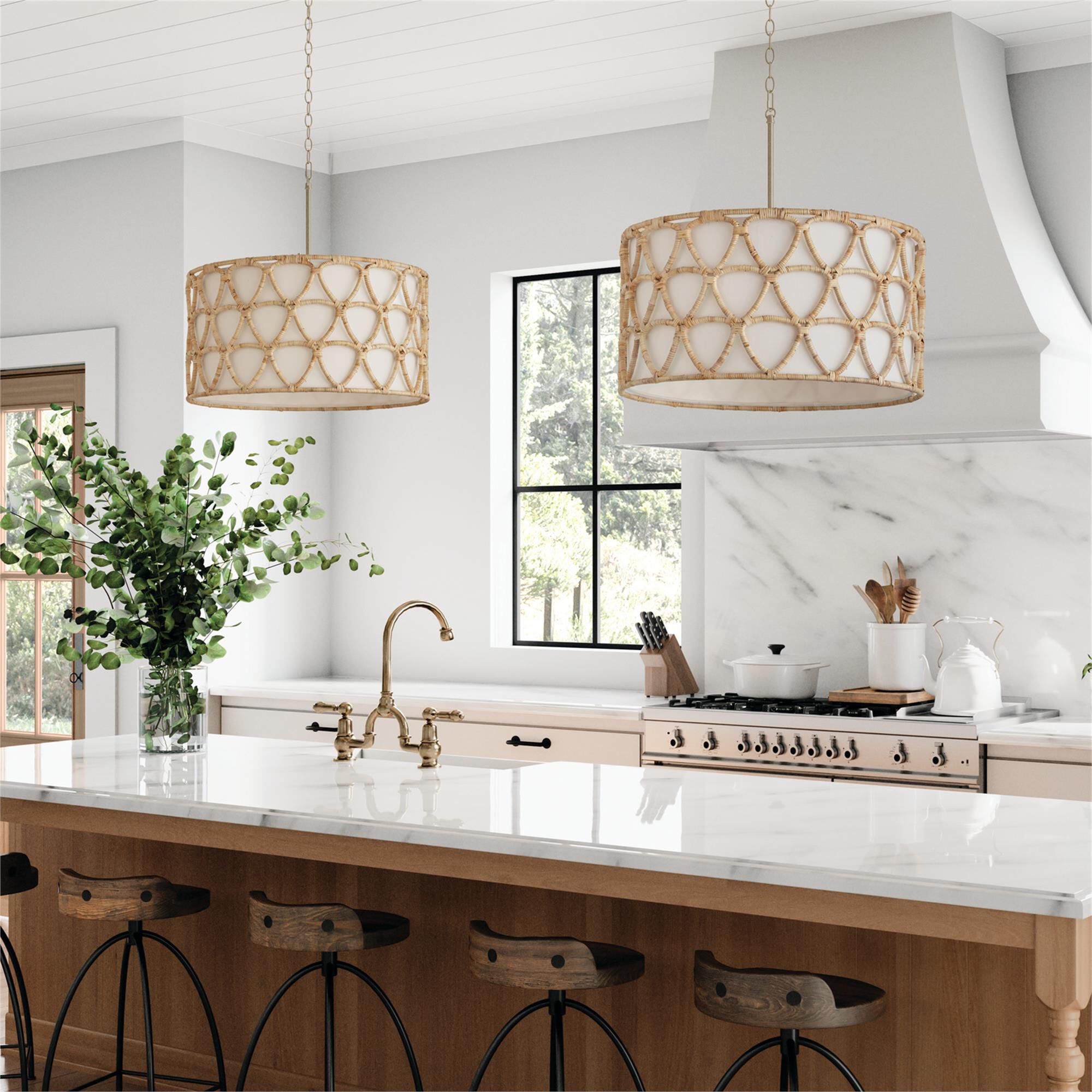Shown in Matte Brass finish and White Fabric shade