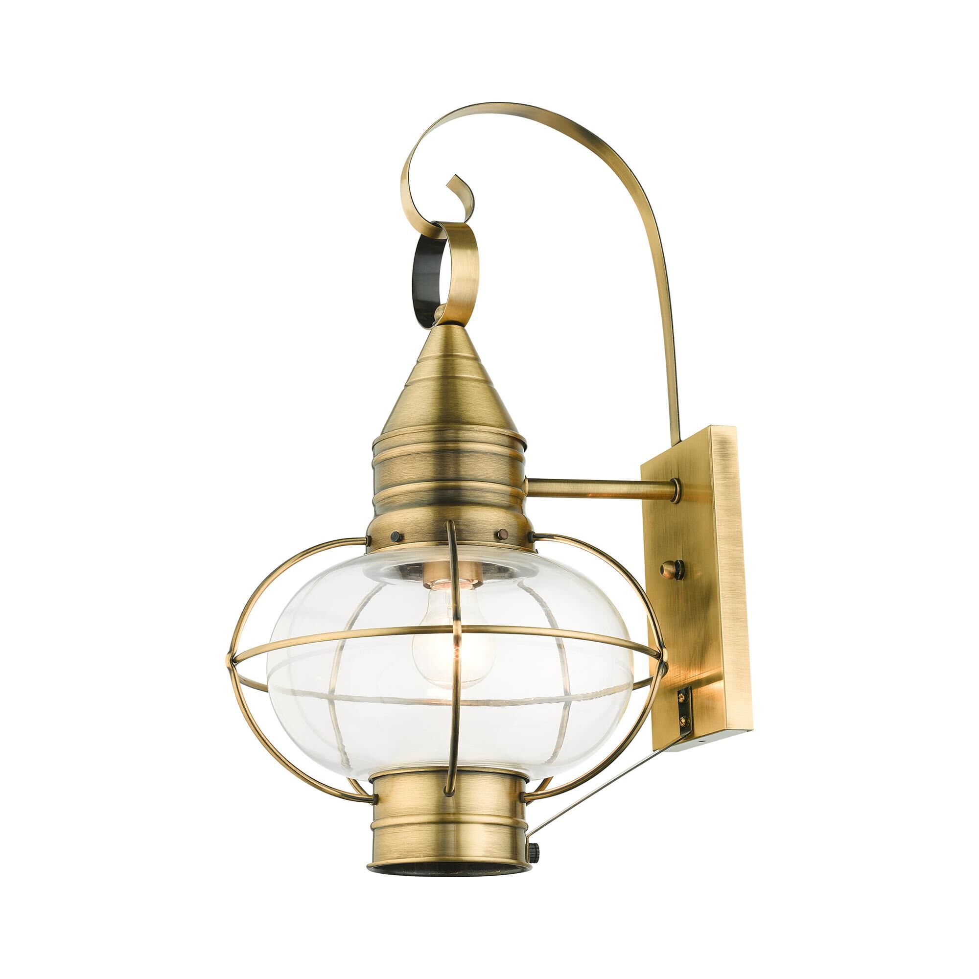 Shown in Antique Brass finish and Hand Blown Clear glass