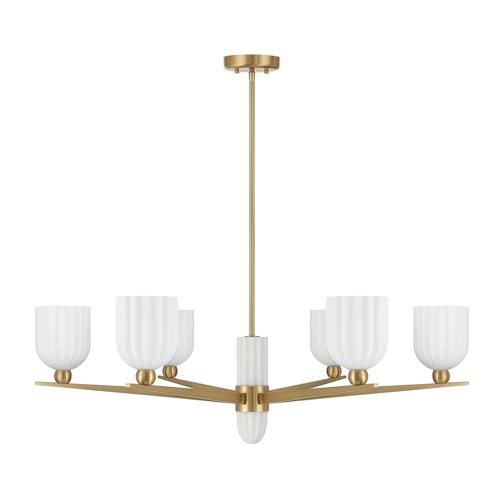 Shown in Warm Brass finish and White Opal Ribbed glass and White Resin accent