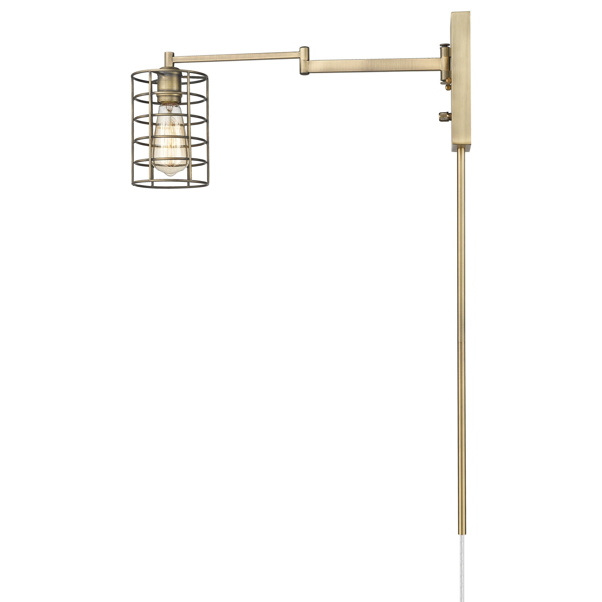 Shown in Aged Brass finish and Aged Brass glass and Aged Brass, Cylindrical Metal Cage shade