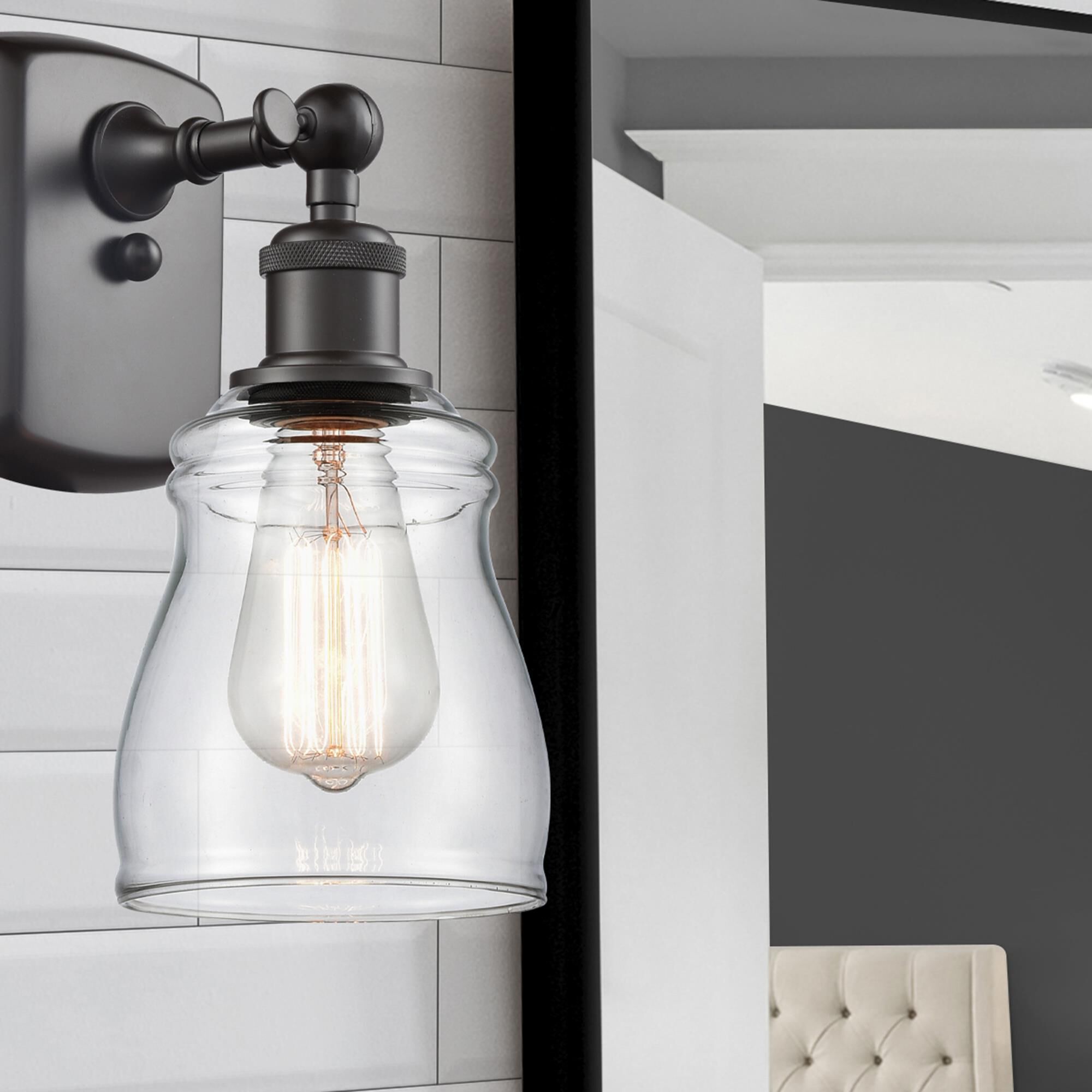 Shown in Oil Rubbed Bronze finish and Transparent Clear Ellery glass and Glass shade and Bulb Tint - Amber accent