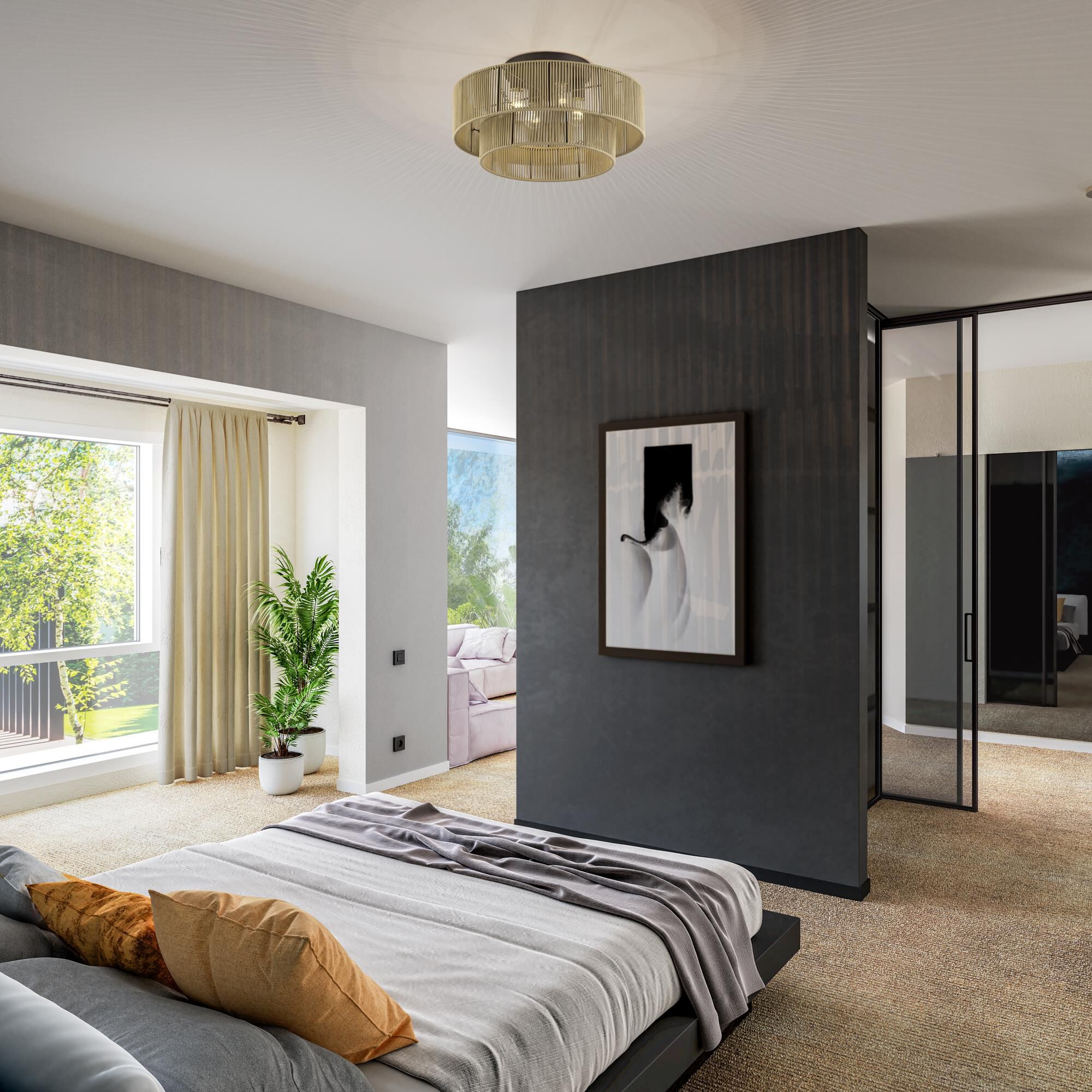 Shown in English Bronze finish and Hand-Woven Venetian Gold Color Polyester Rope shade