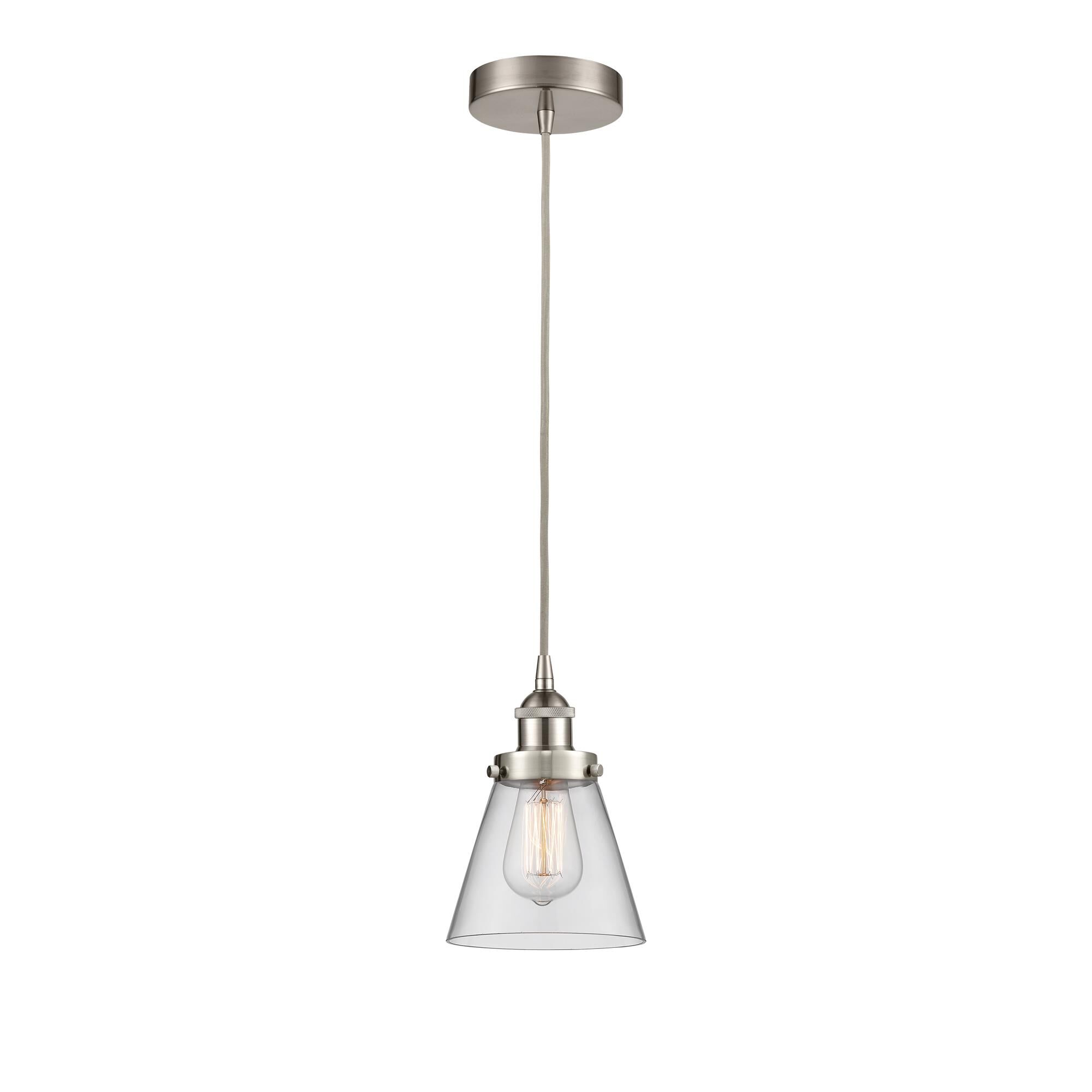 Shown in Brushed Satin Nickel finish and Clear Small Cone glass