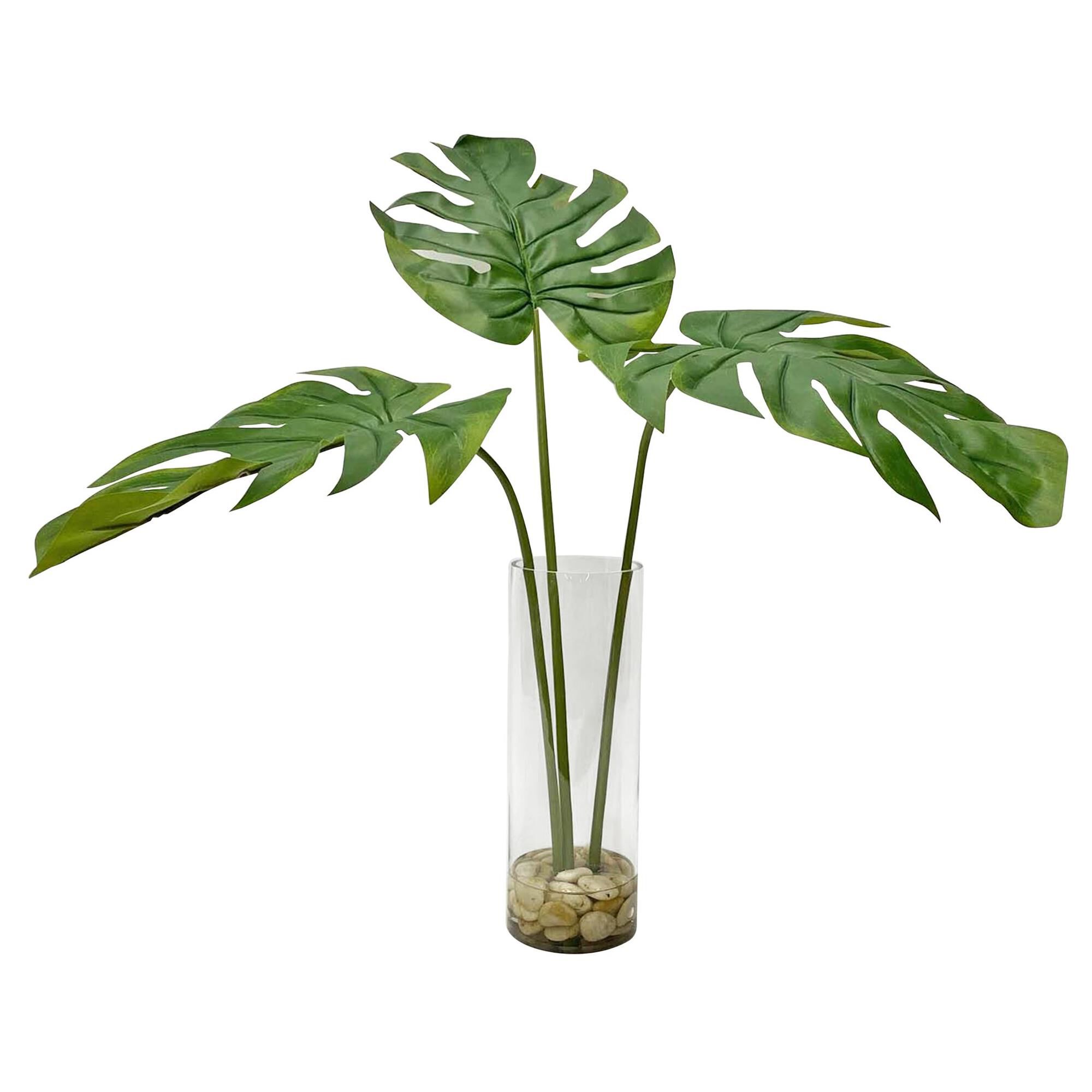 Shown in Contemporary Split Leaf Palm Trio Artfully Arranged In A Clear Glass Cylinder Vase With Natural Ston finish