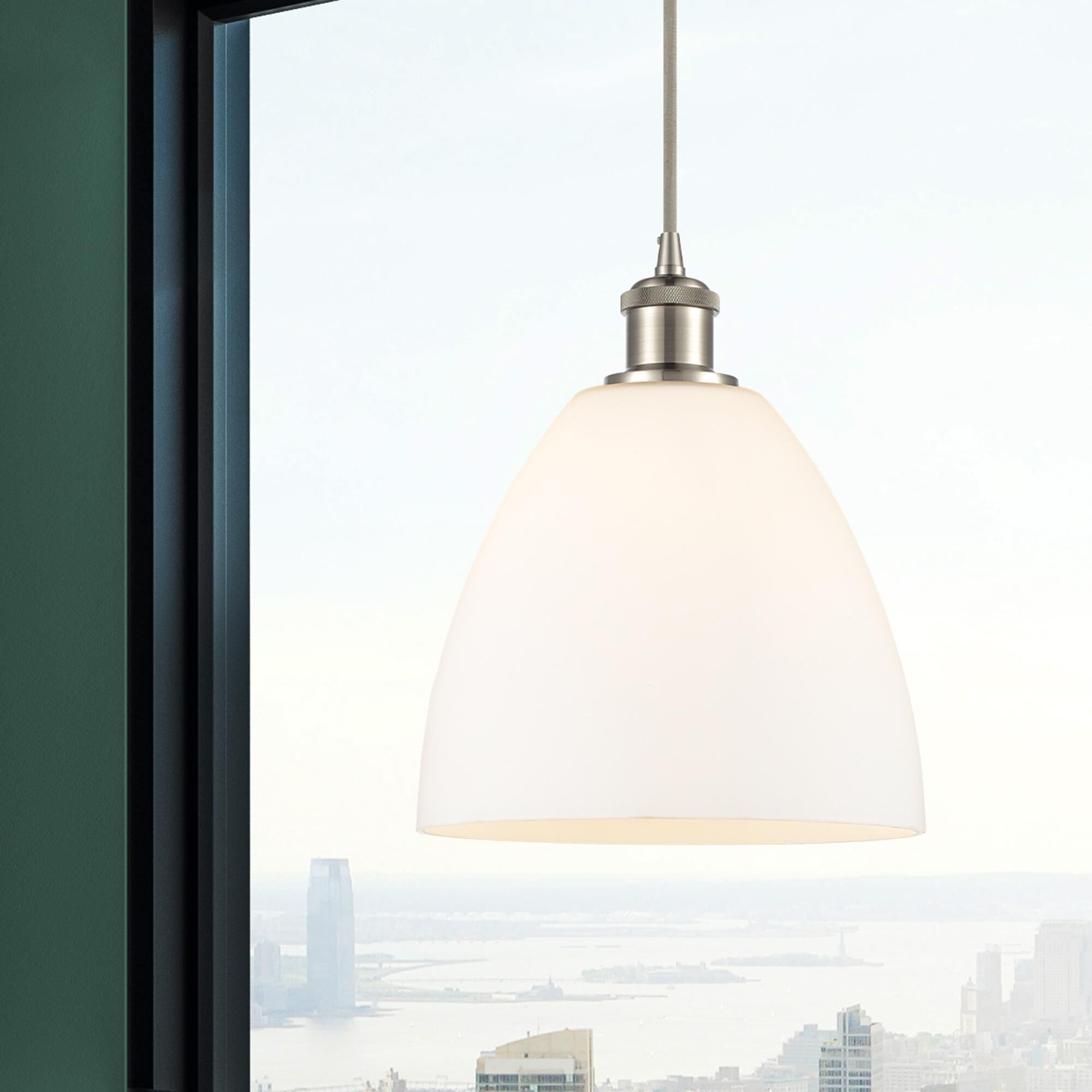 Shown in Brushed Satin Nickel finish and Matte White glass