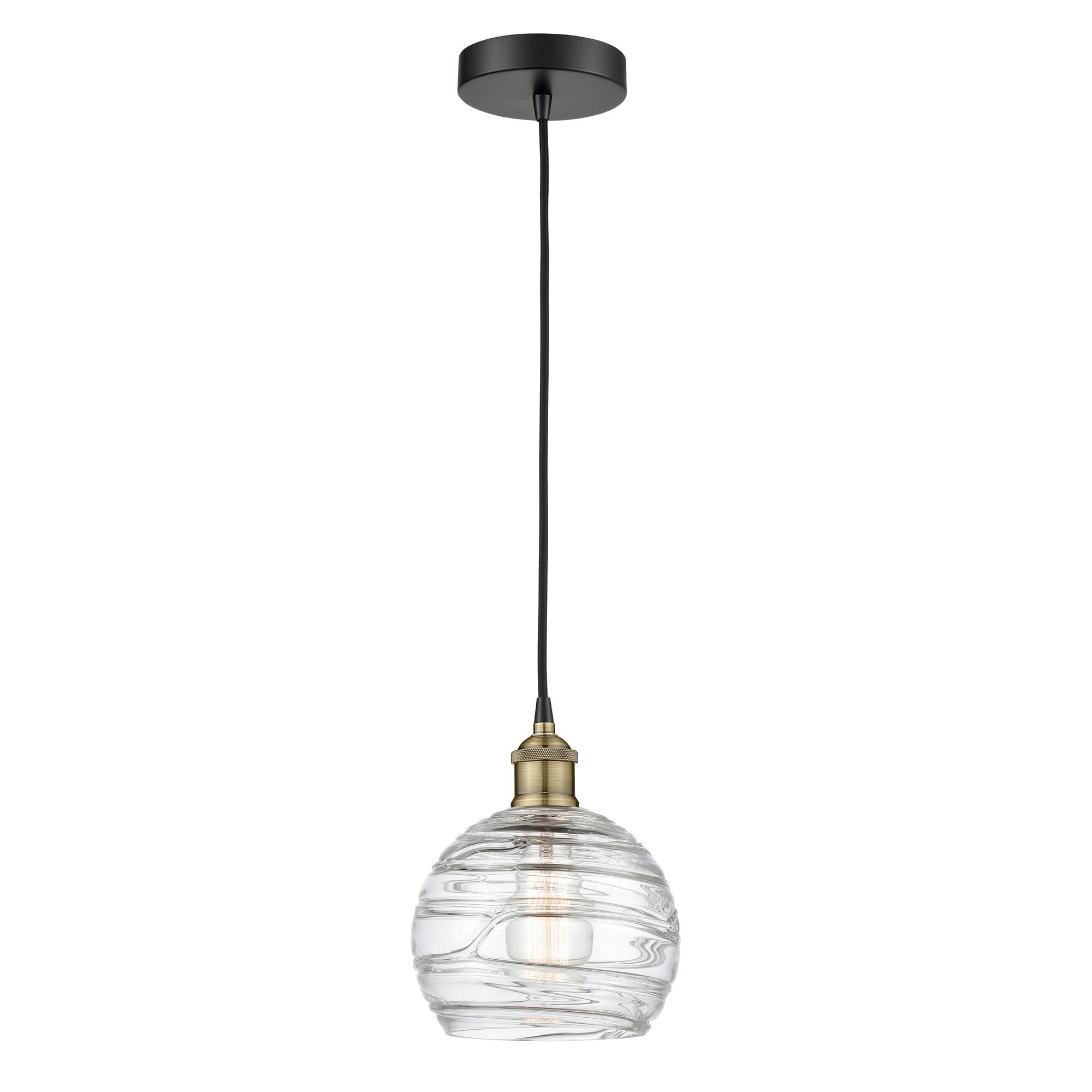 Shown in Black Antique Brass finish and Clear Deco Swirl glass