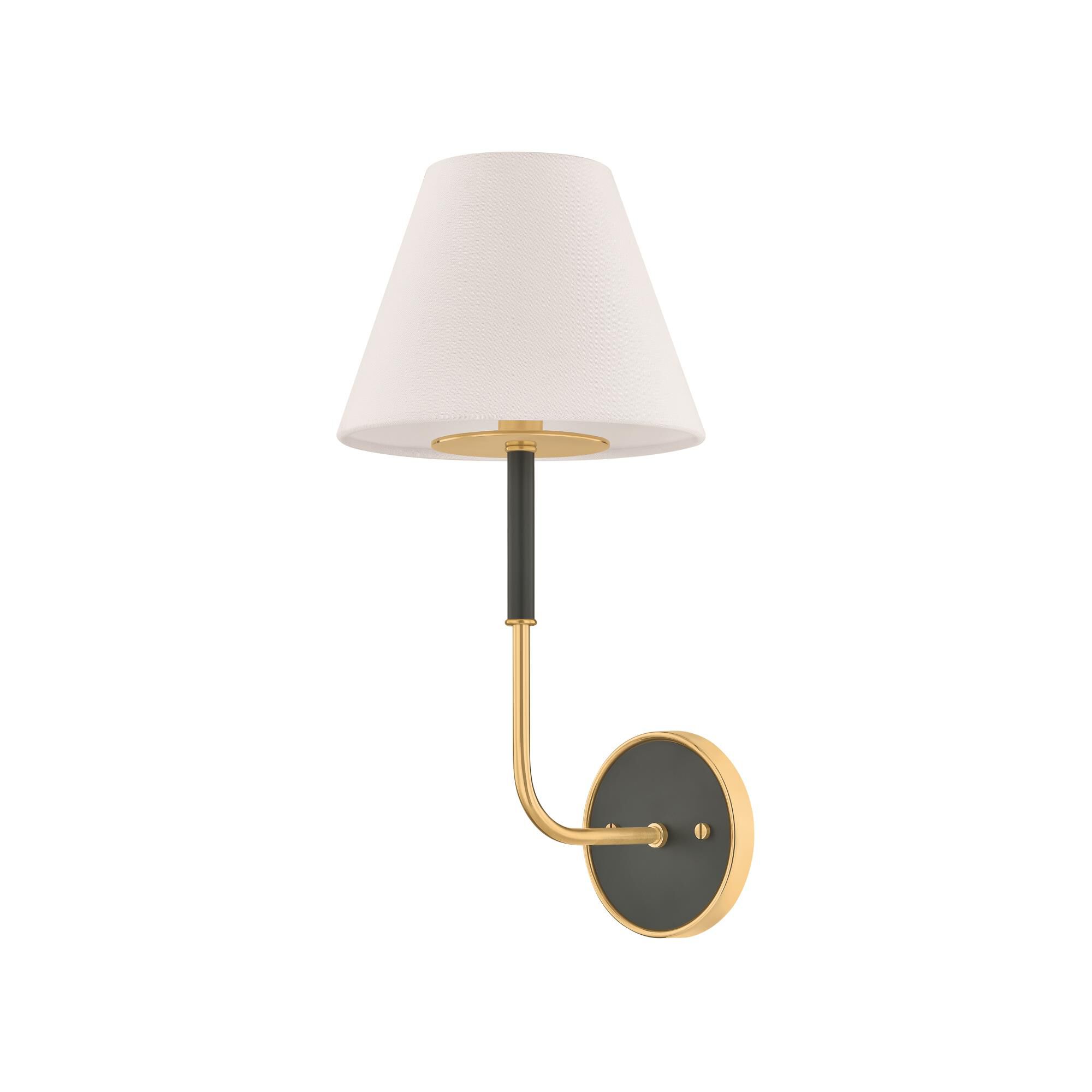 Shown in Aged Brass and Soft Studio Green finish and White Linen shade