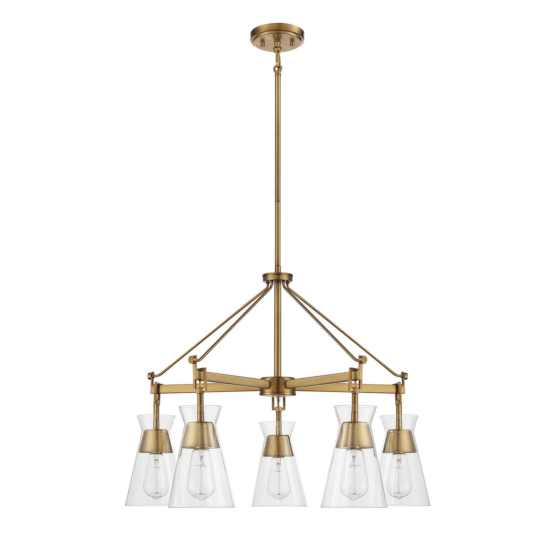 Shown in Warm Brass finish and Clear glass and Glass shade