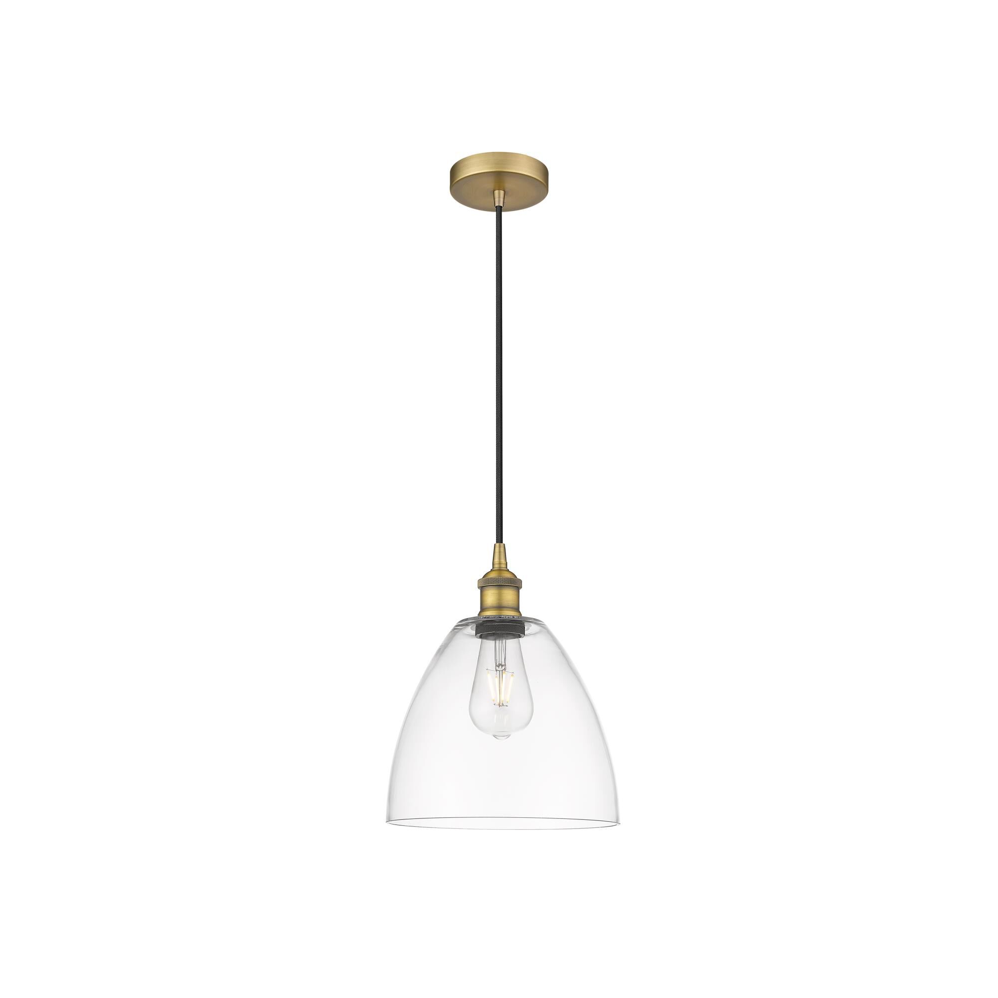 Shown in Brushed Brass finish and Matte White Edison Dome glass