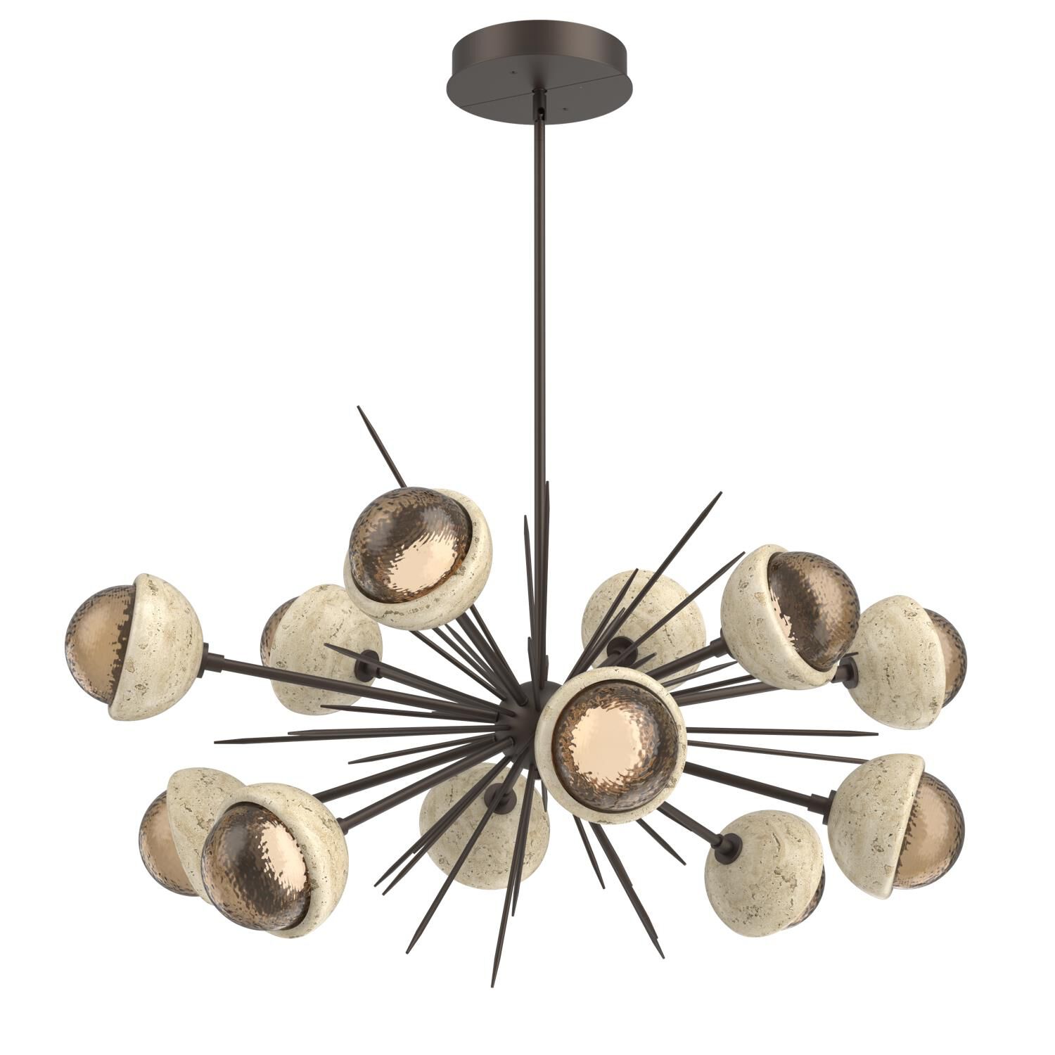 Shown in Flat Bronze finish and Bronze glass and Travertine Stone accent