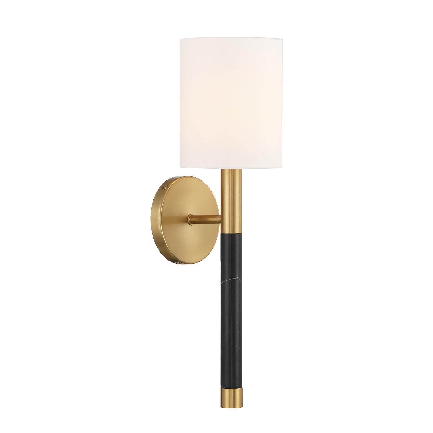 Shown in Warm Brass finish and White Fabric shade and Black Marble accent