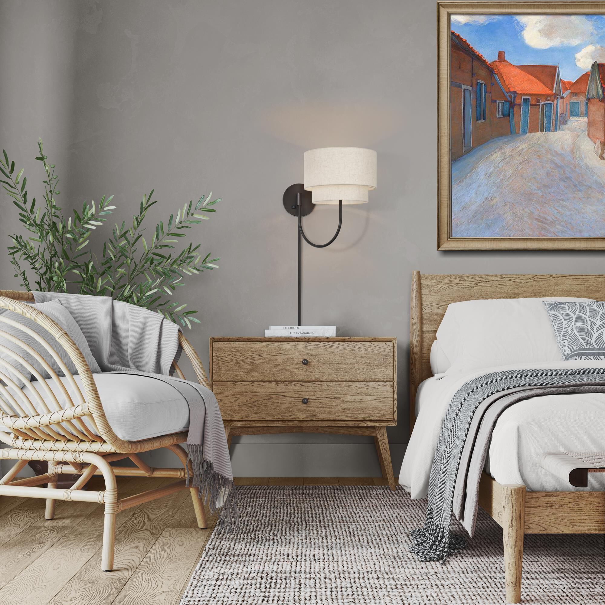 Shown in English Bronze finish and Hand Crafted Oatmeal Color Fabric with White Color Inside shade