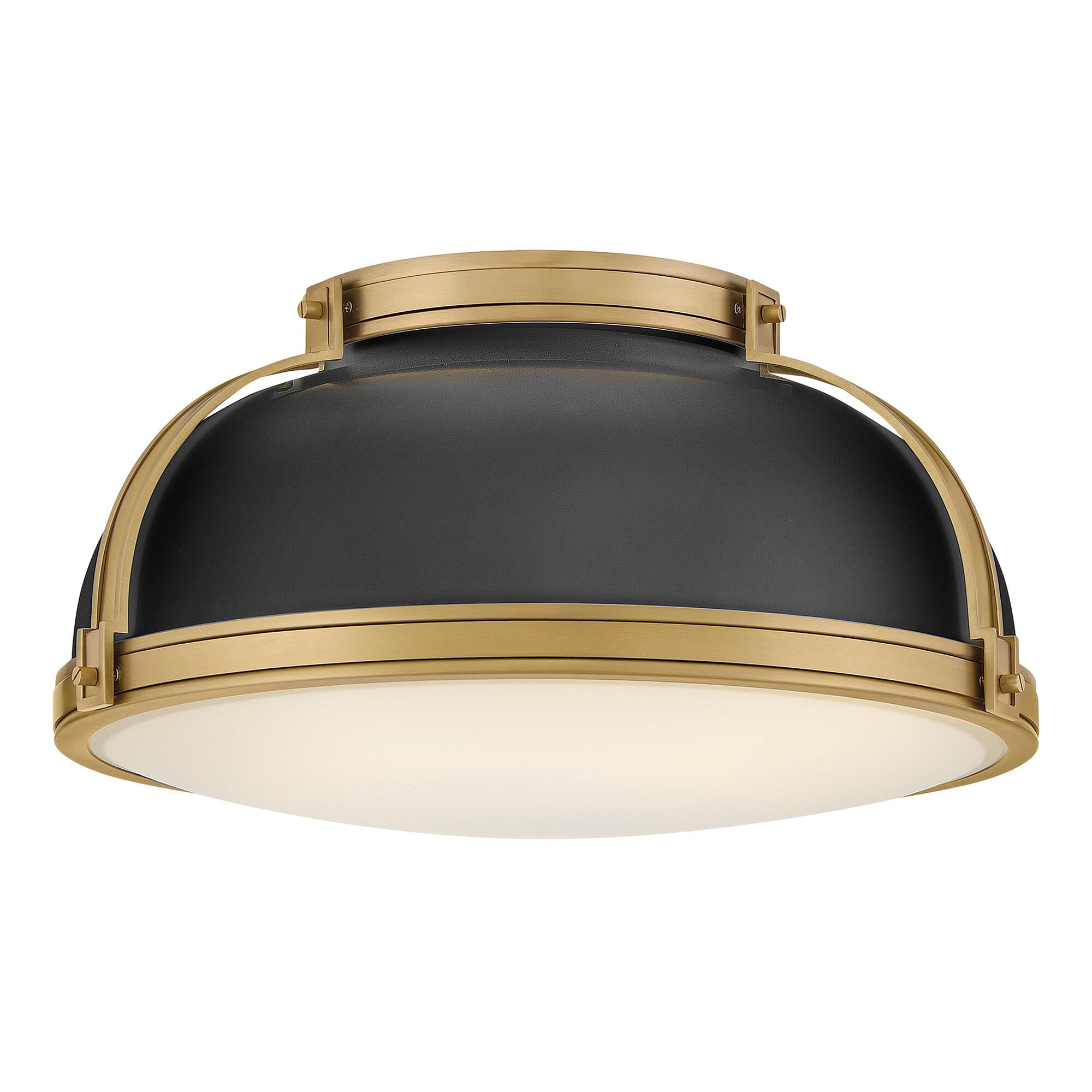 Shown in Black finish and Etched Opal glass and Lacquered Brass accent