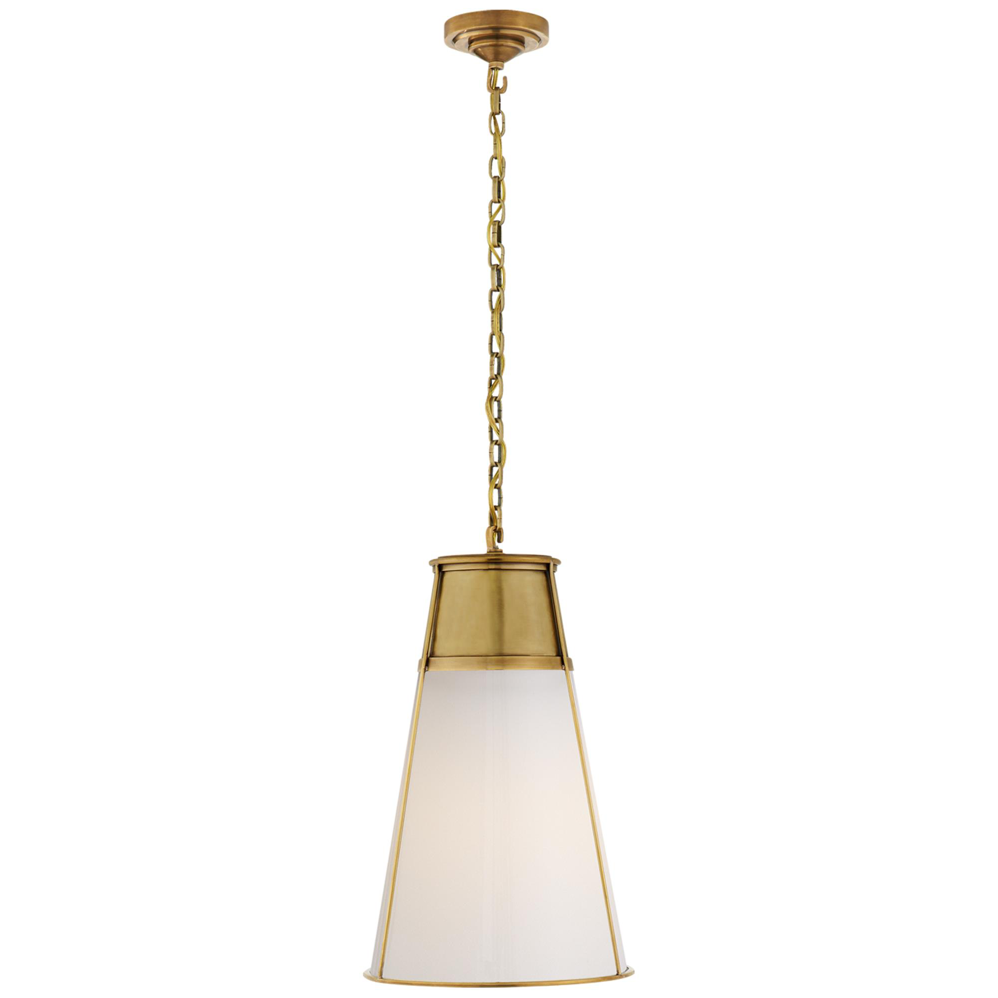 Shown in Hand-Rubbed Antique Brass finish and White glass