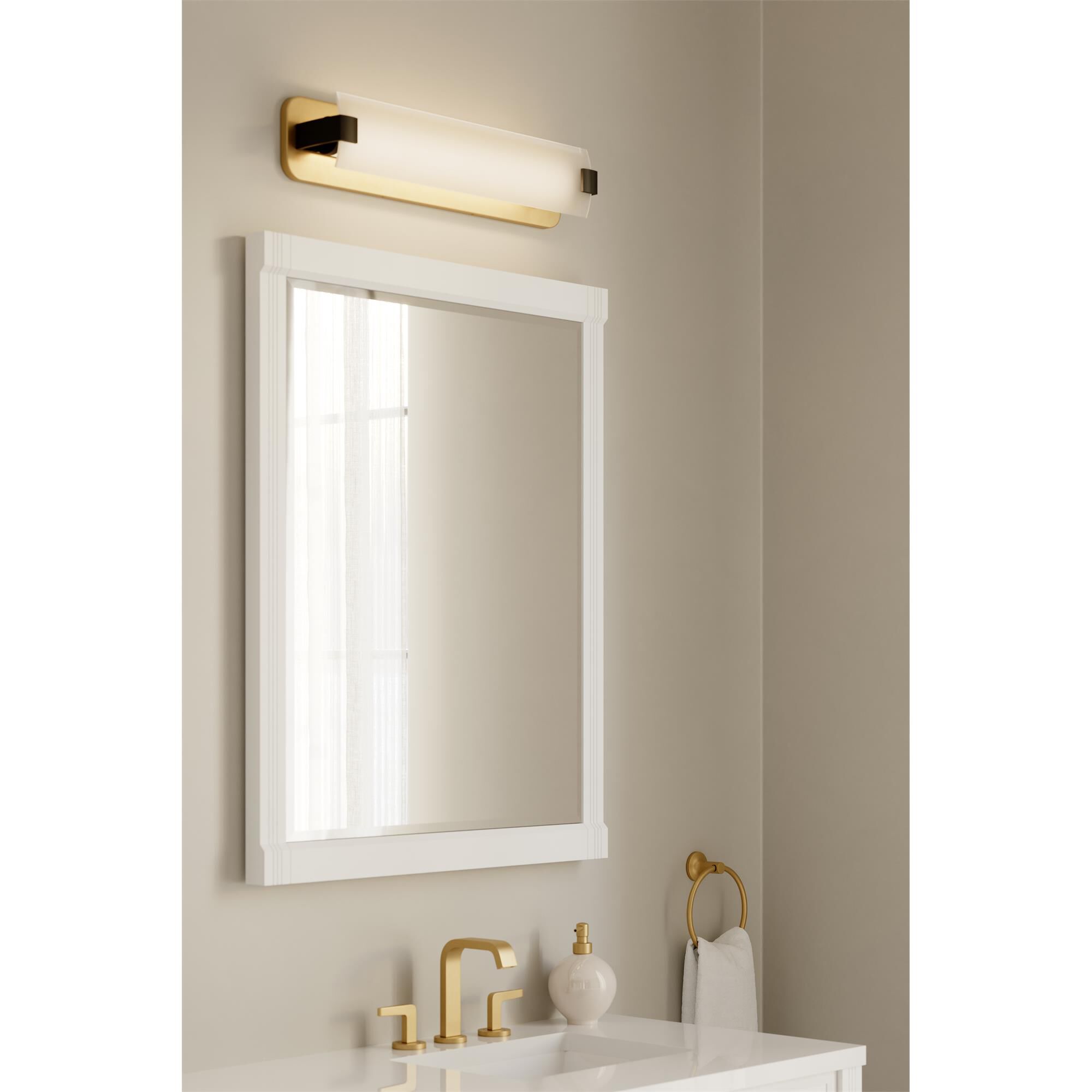Shown in Legacy Brass and Dark Matte Black finish and Etched White glass