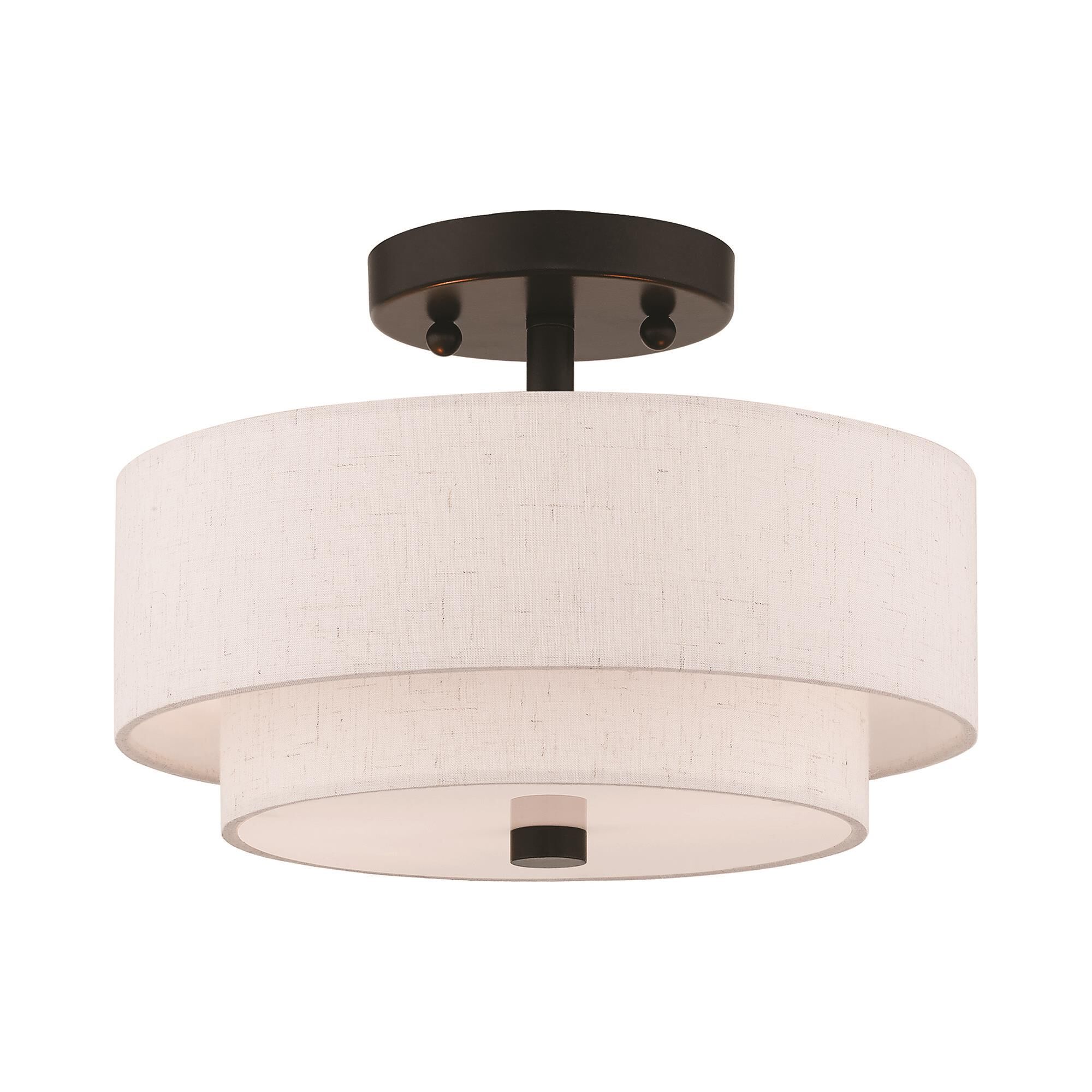 Shown in English Bronze finish and Hand Crafted Oatmeal Color Fabric Outside & White Fabric Inside Hardback shade