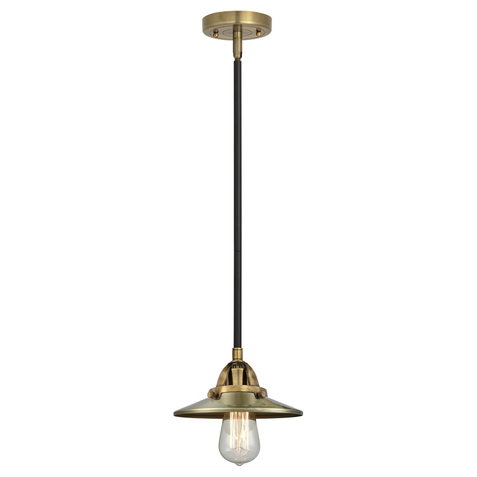 Shown in Black Antique Brass finish and No Glass glass and Antique Brass Railroad shade