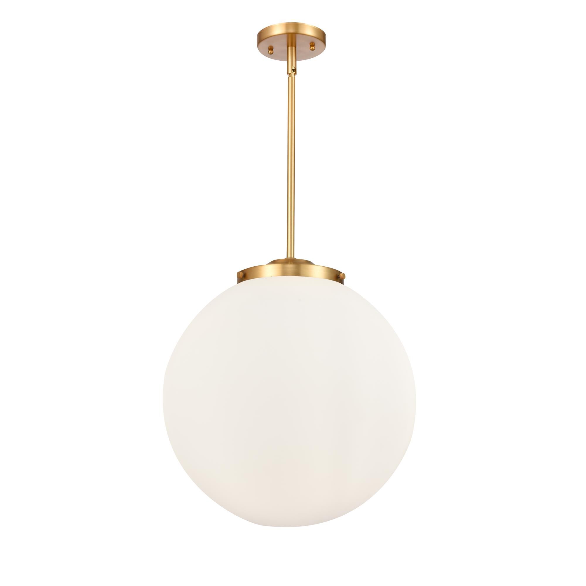 Shown in Satin Gold finish and Matte White Cased Beacon glass