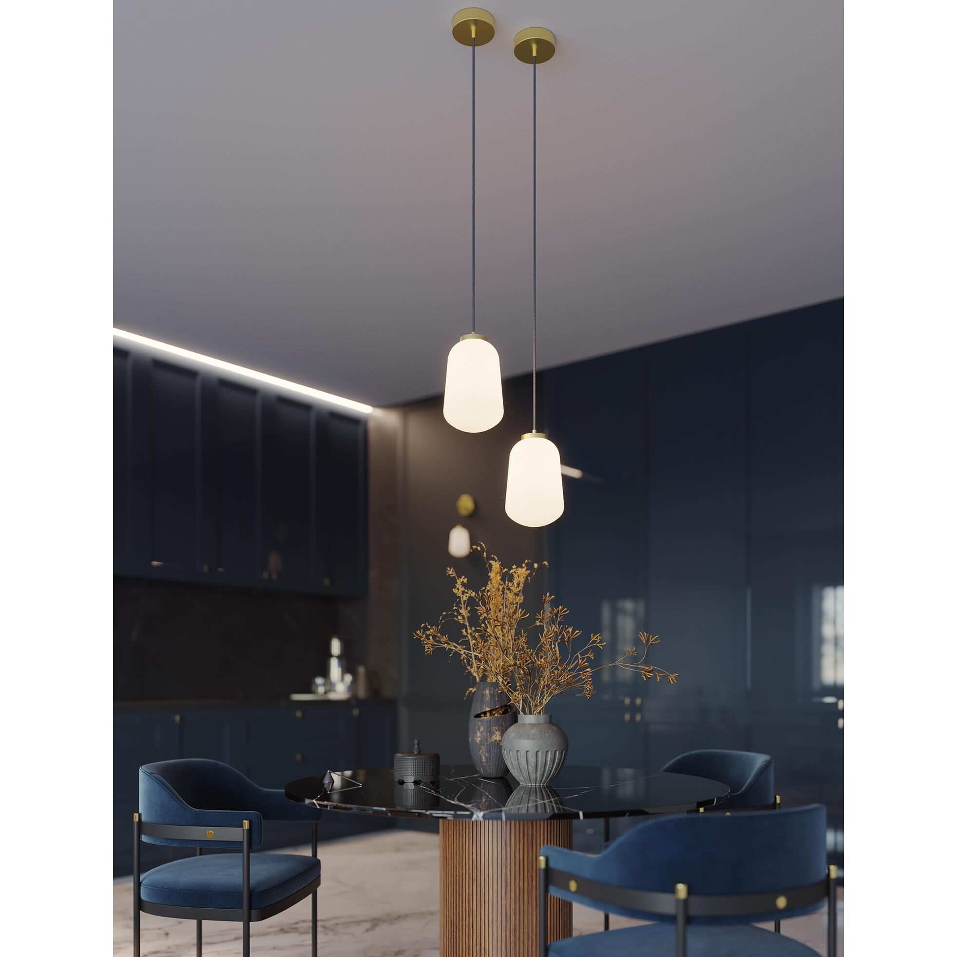 Shown in Light Antique Brass finish and White glass