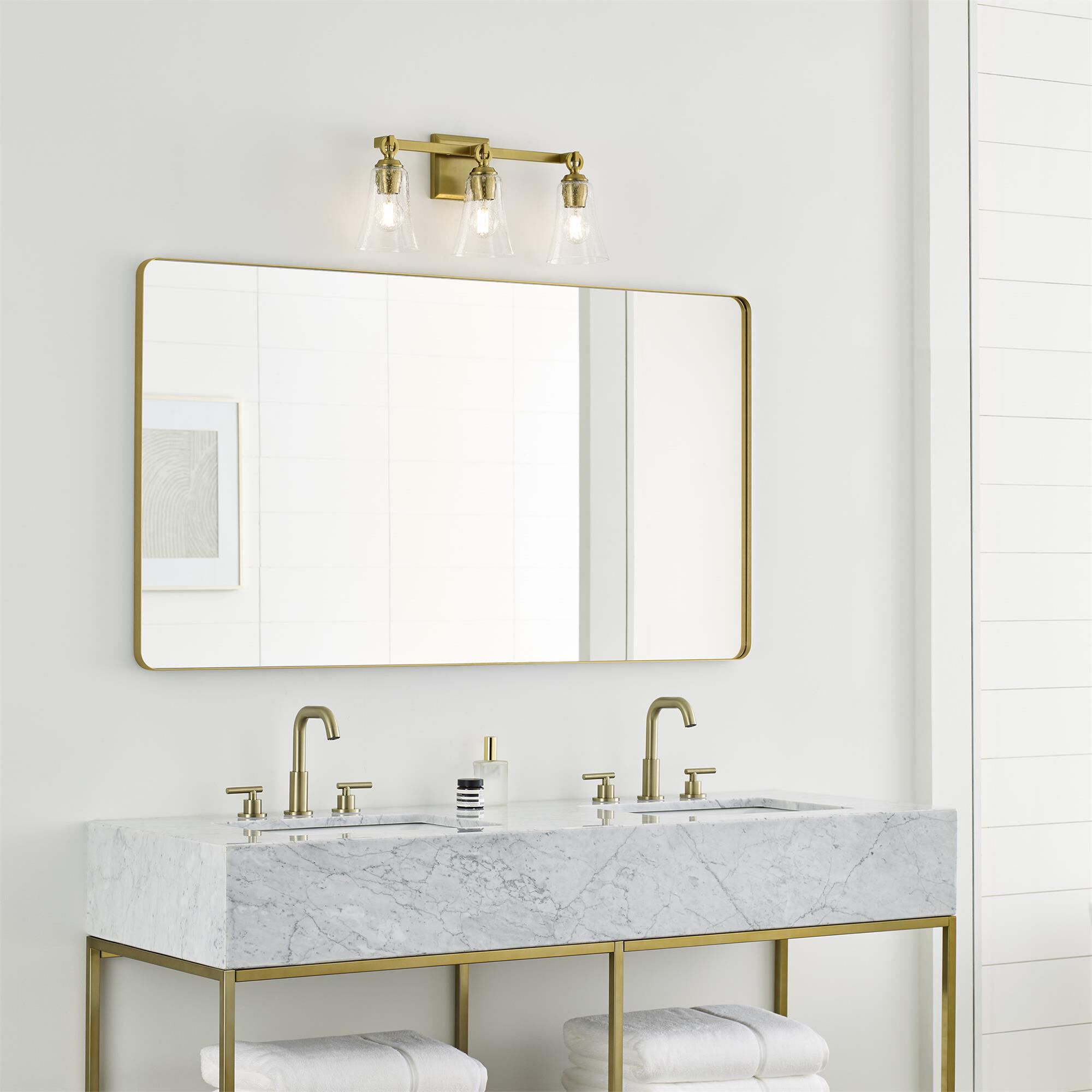Shown in Burnished Brass finish and Clear Seeded glass
