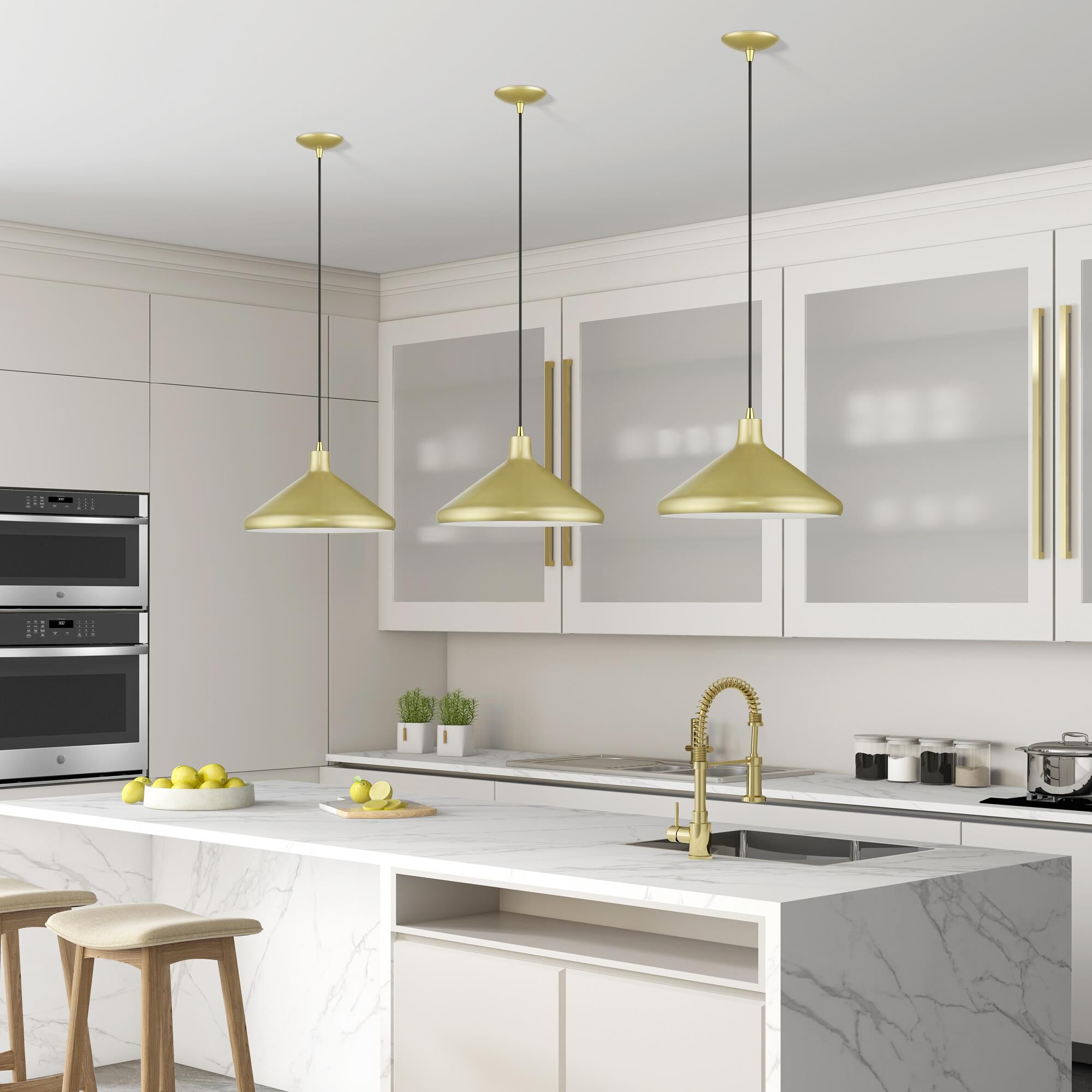 Shown in Soft Gold with Polished Brass Accents finish and Soft Gold Aluminum with White Inside shade