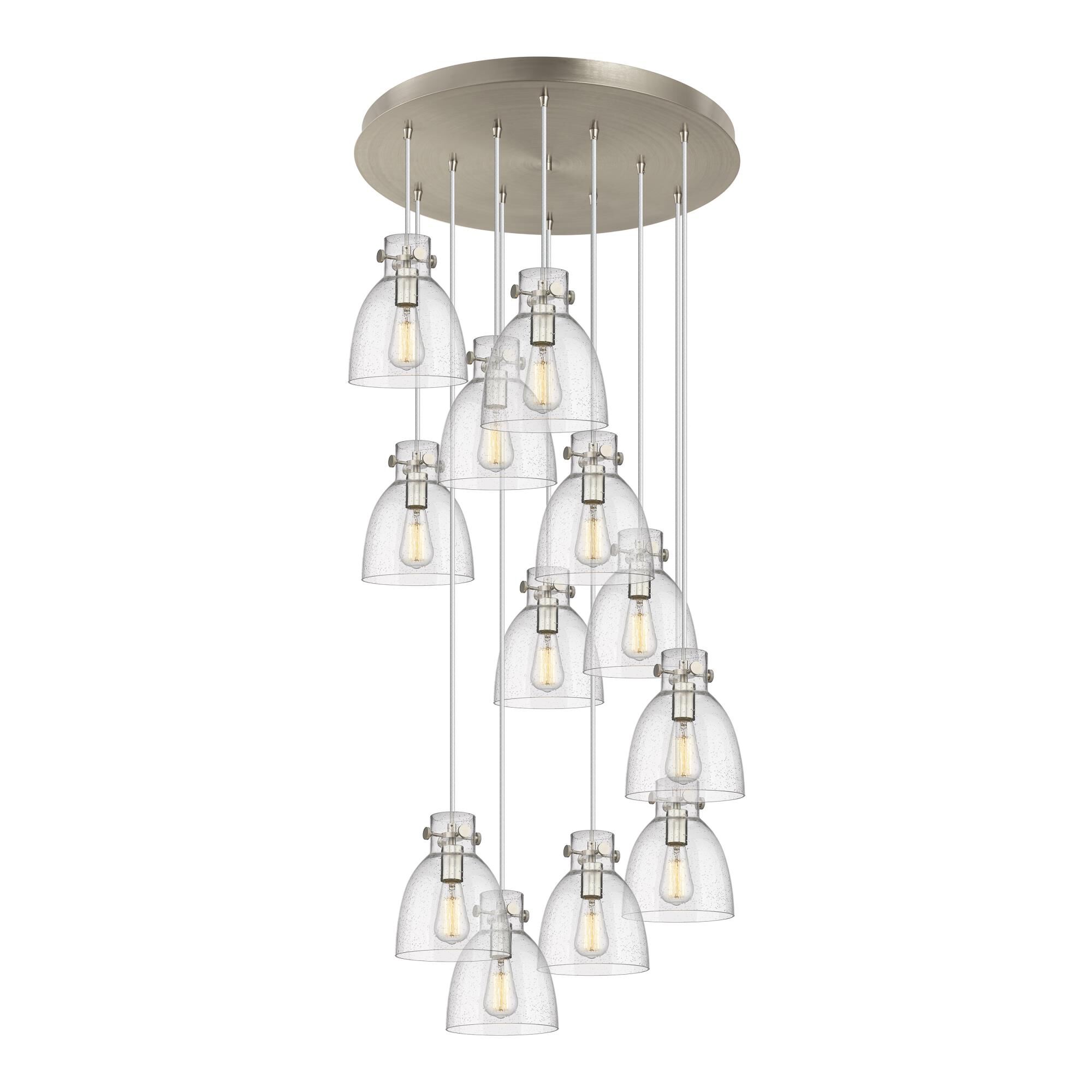 Shown in Brushed Satin Nickel finish and Seedy glass and Seedy Glass shade