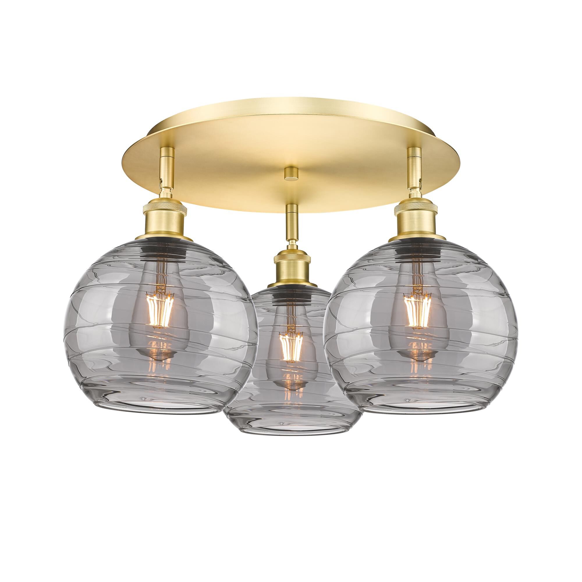 Shown in Satin Gold finish and Light Smoke Deco Swirl glass