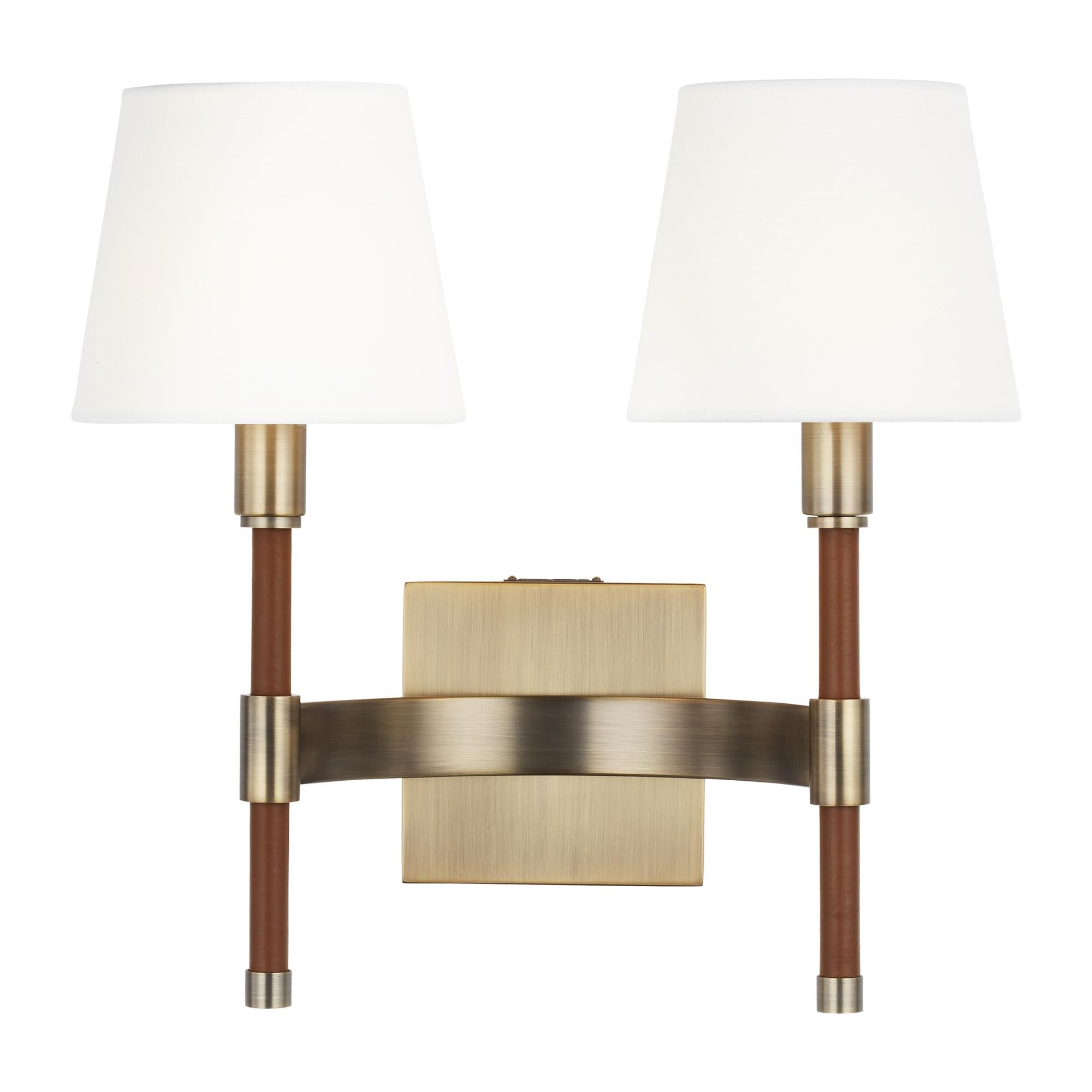 Shown in Time Worn Brass finish and White Linen Fabric shade