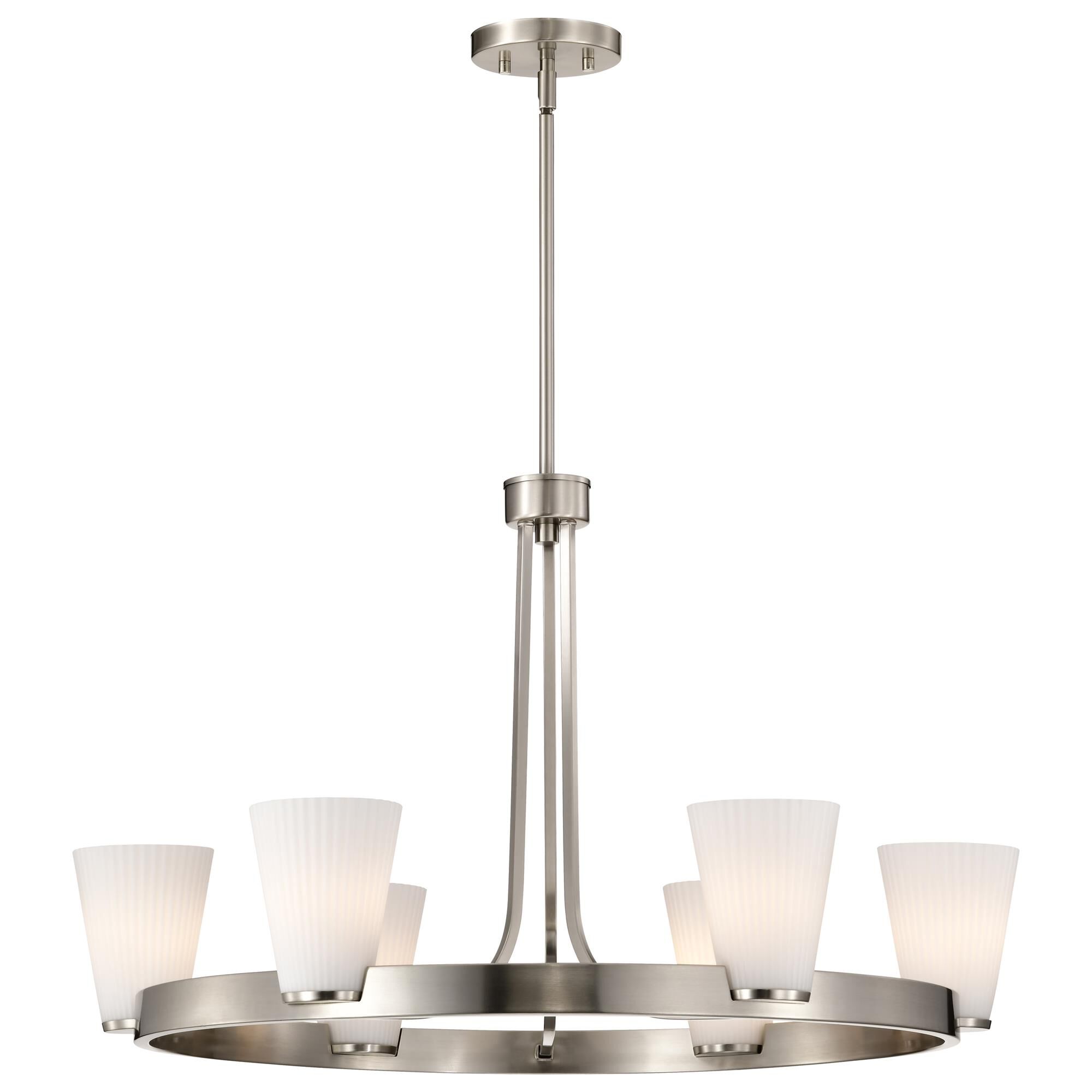 Shown in Brushed Nickel finish and Ribbed White glass