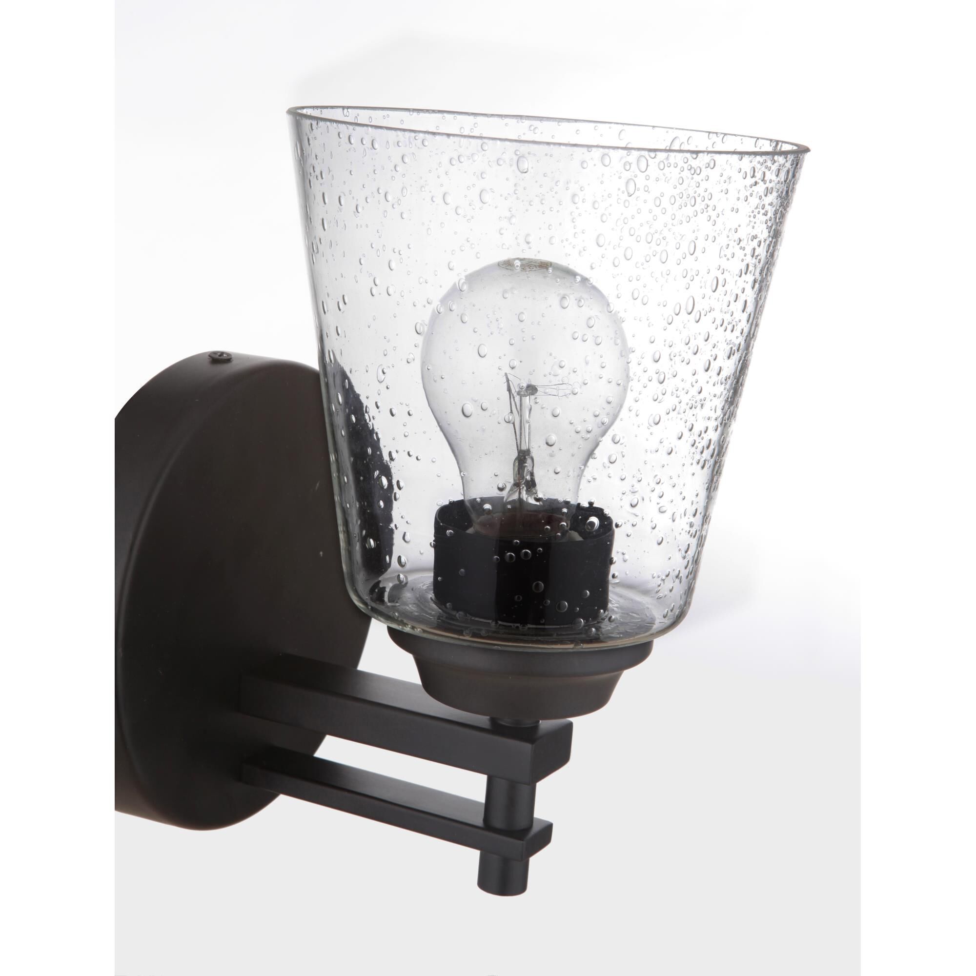 Shown in Flat Black finish and Clear Seeded glass and Glass shade