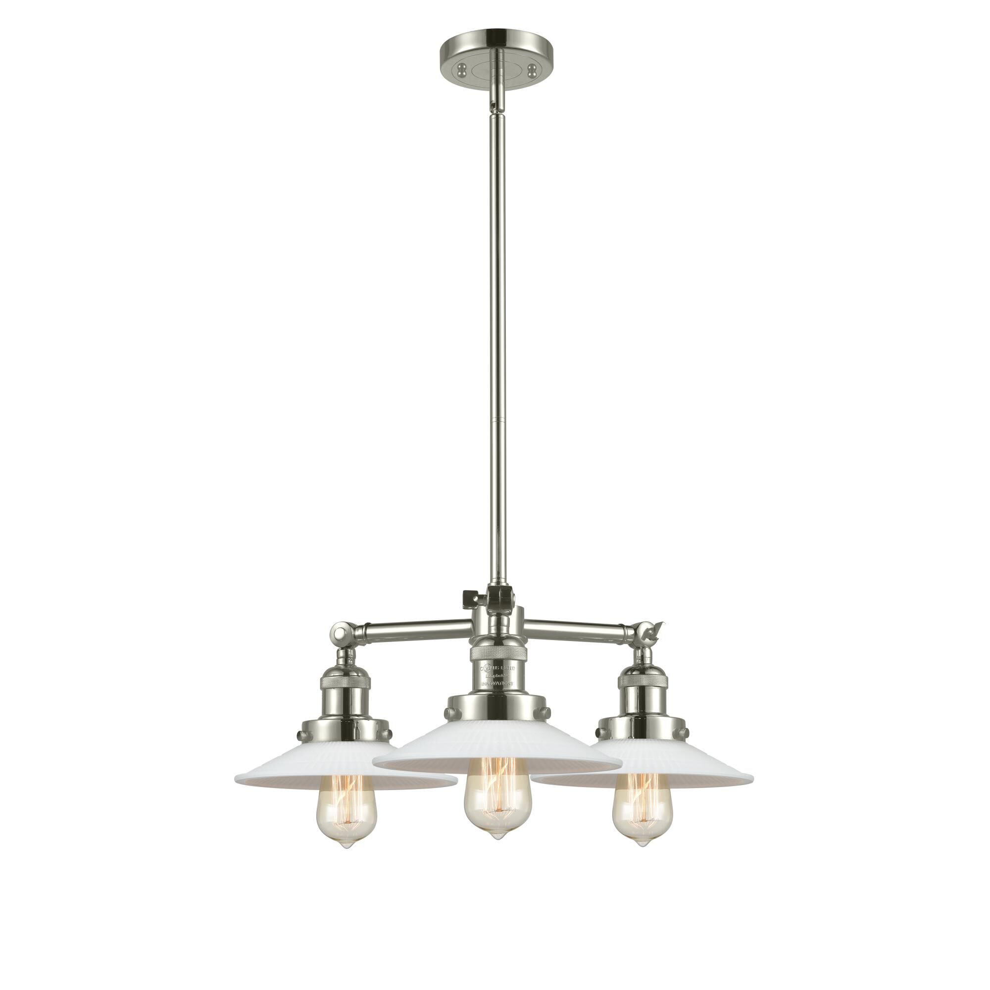 Shown in Polished Nickel finish and Matte White Halophane - Cone glass