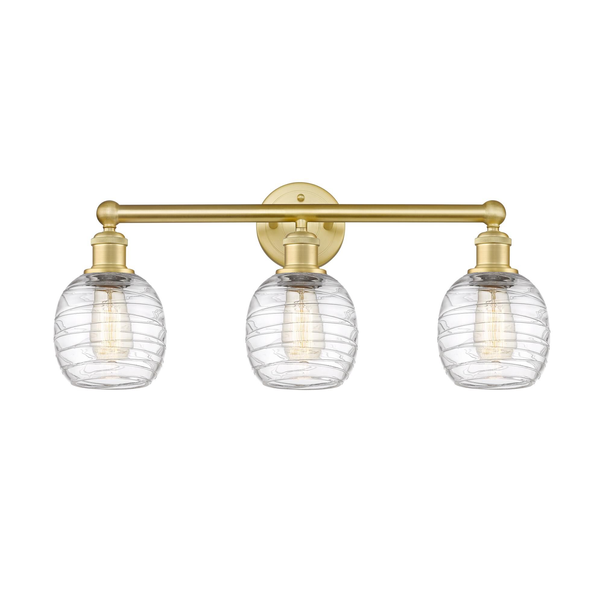 Shown in Satin Gold finish and Deco Swirl glass