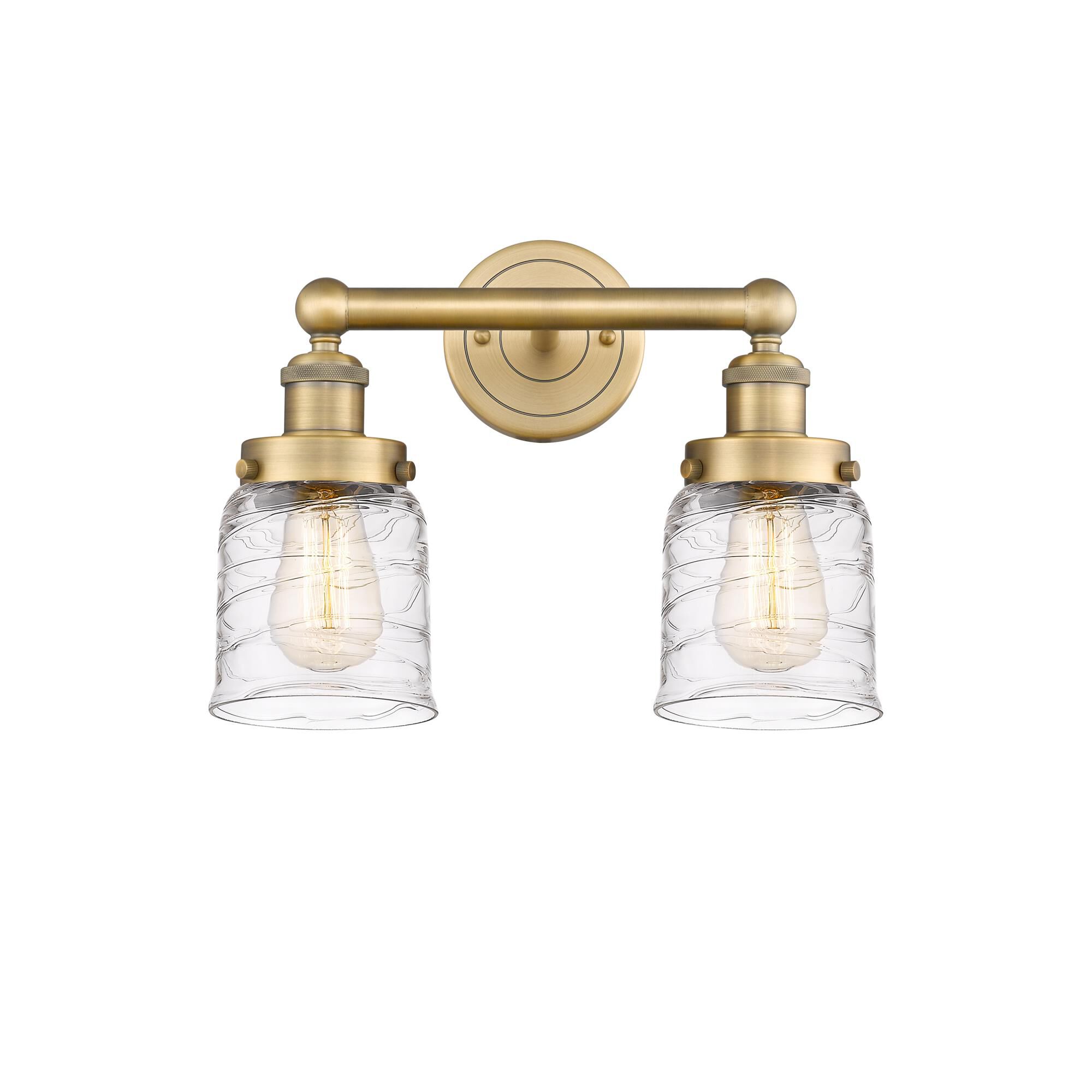 Shown in Brushed Brass finish and Clear Deco Swirl glass