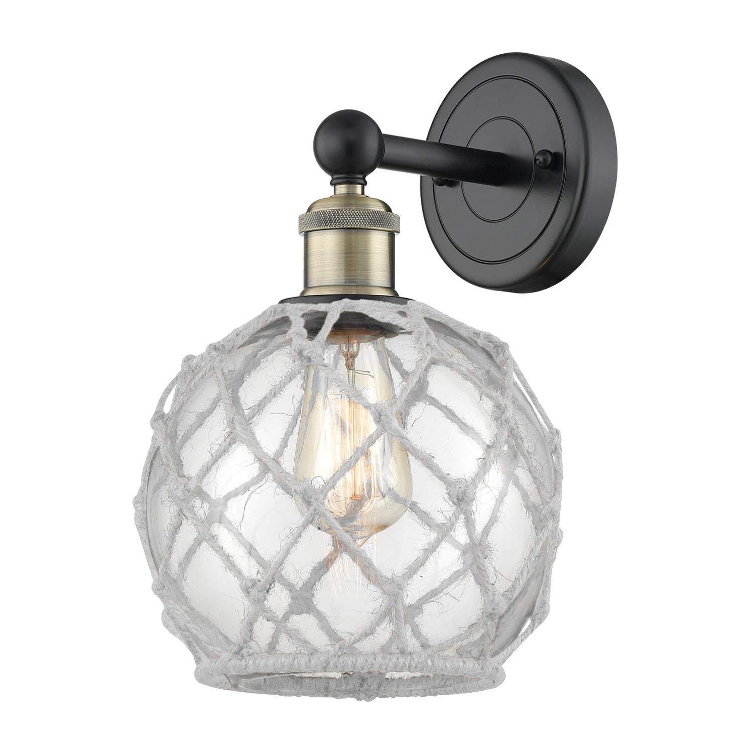 Shown in Black Antique Brass finish and Clear with White Rope glass
