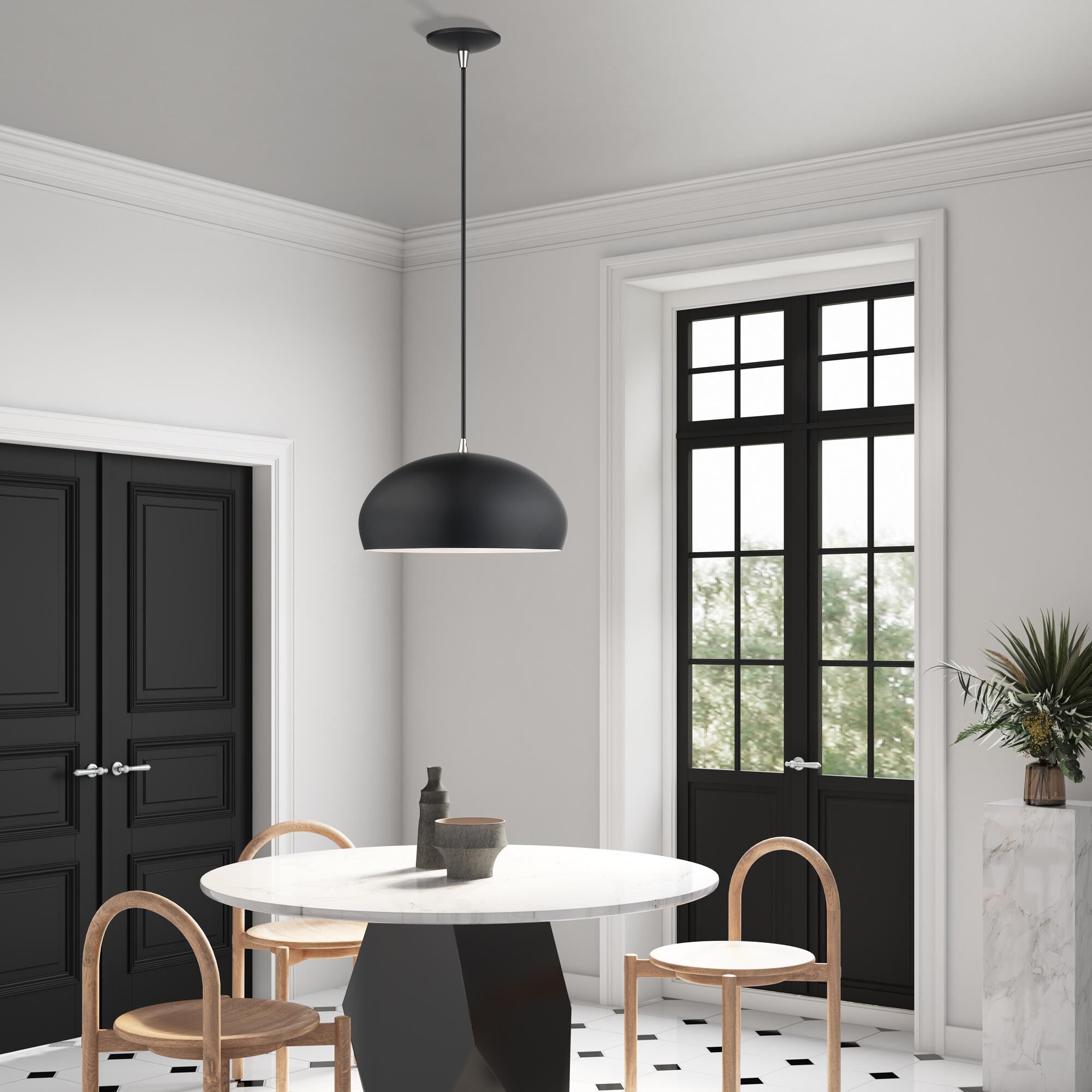 Shown in Black with Brushed Nickel Accents finish and Black Steel with Shiny White Inside shade