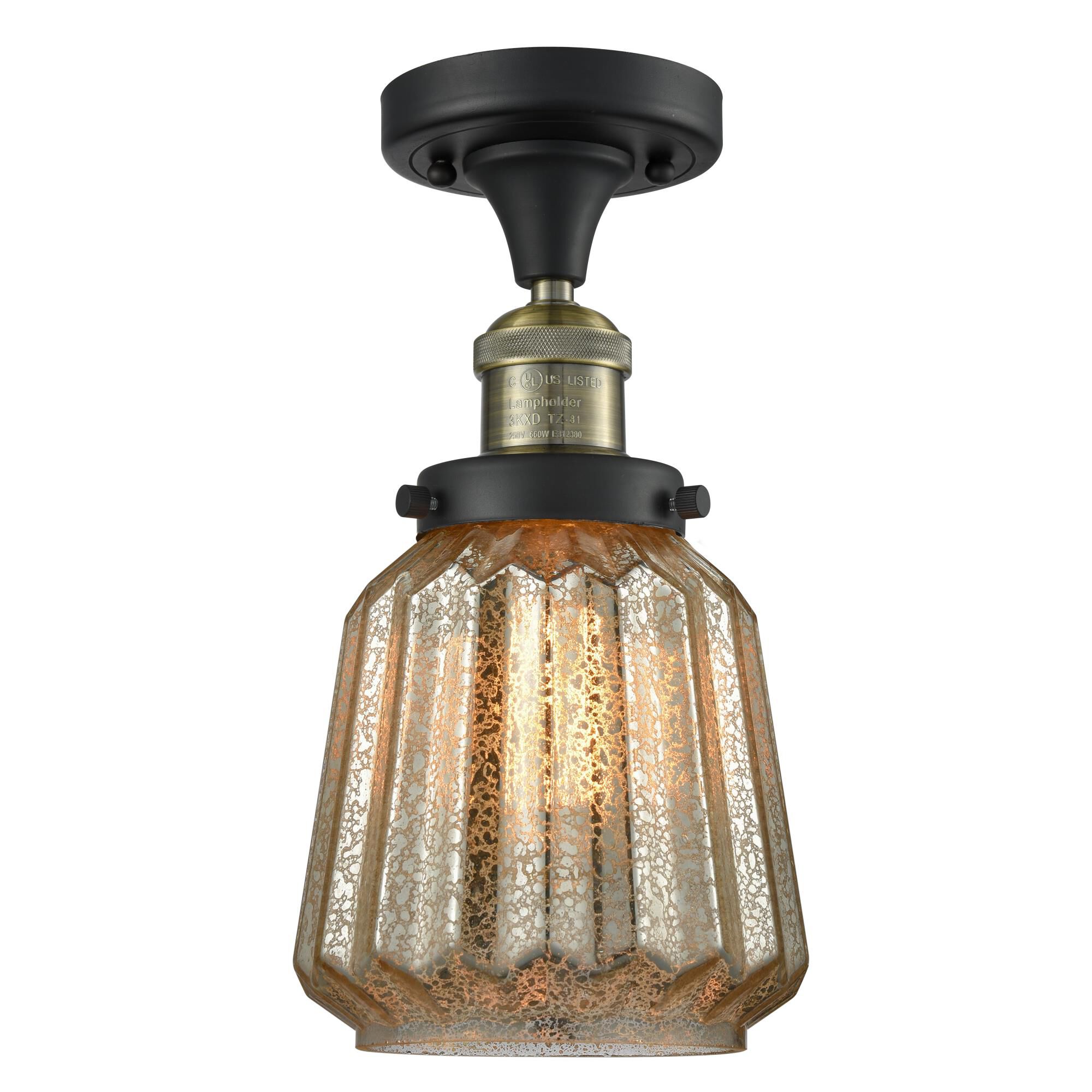 Shown in Black Antique Brass finish and Mercury Plated glass