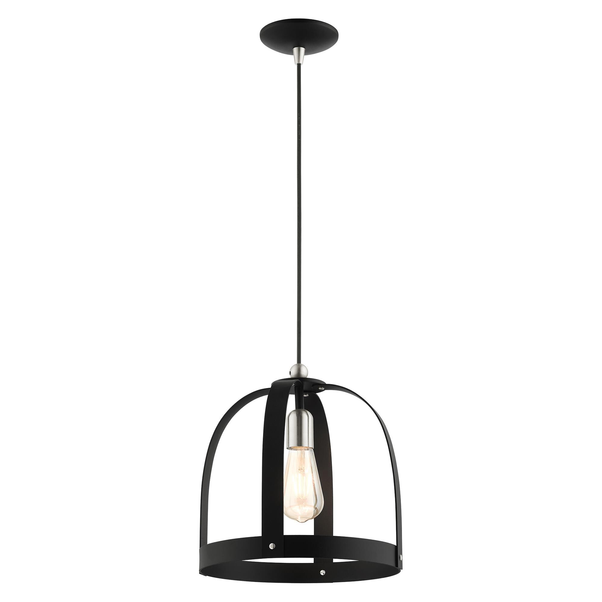 Shown in Textured Black finish and Textured Black Steel  With Brushed Nickel Accents shade