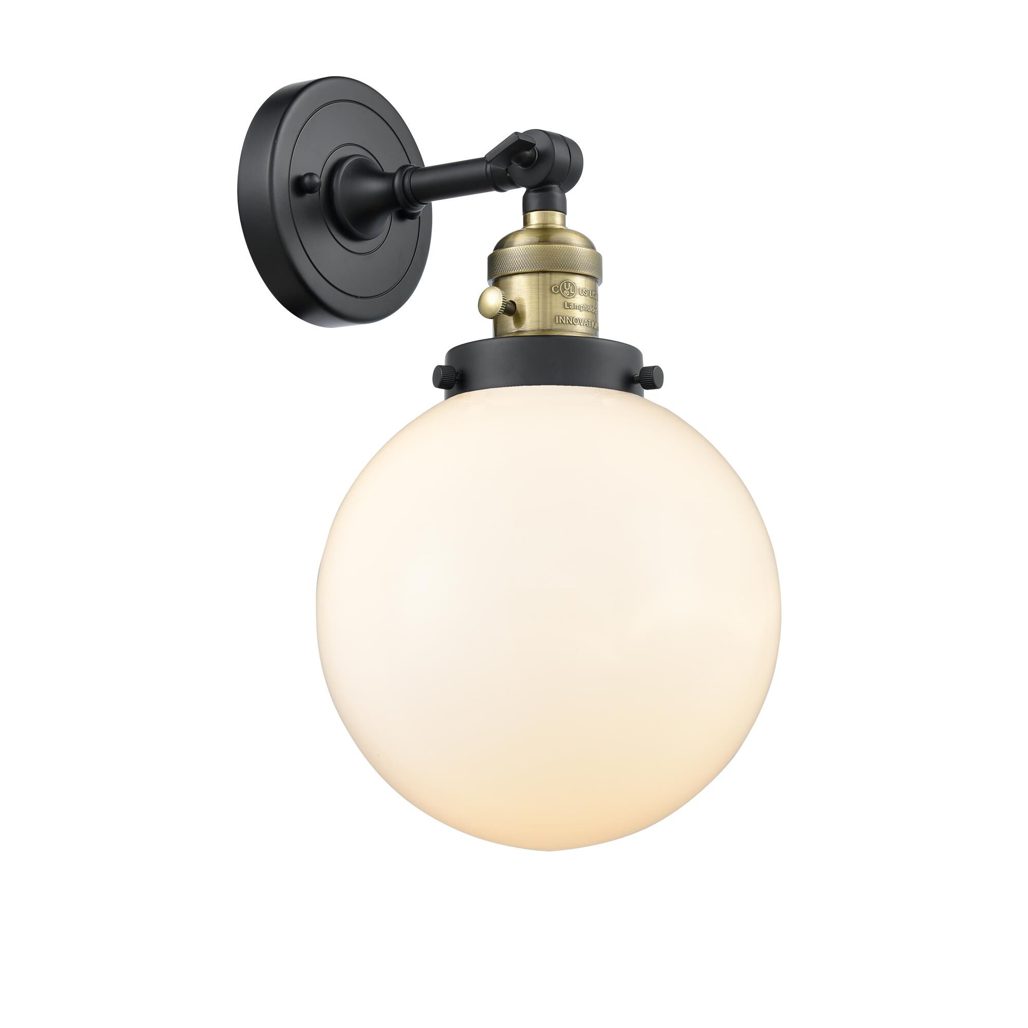 Shown in Black Antique Brass finish and Matte White Cased glass and Switch on Socket accent
