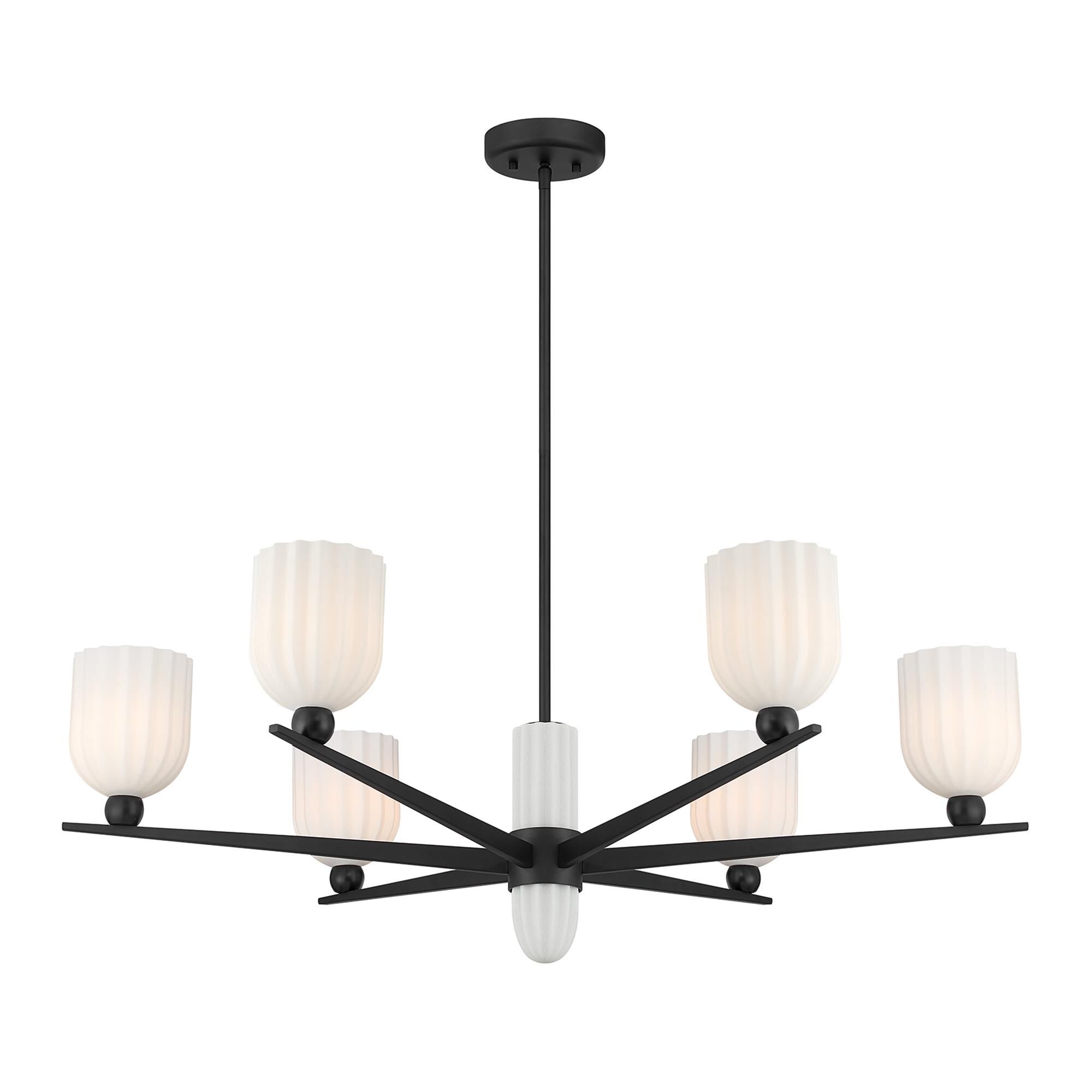 Shown in Matte Black finish and White Opal Ribbed glass and White Resin accent