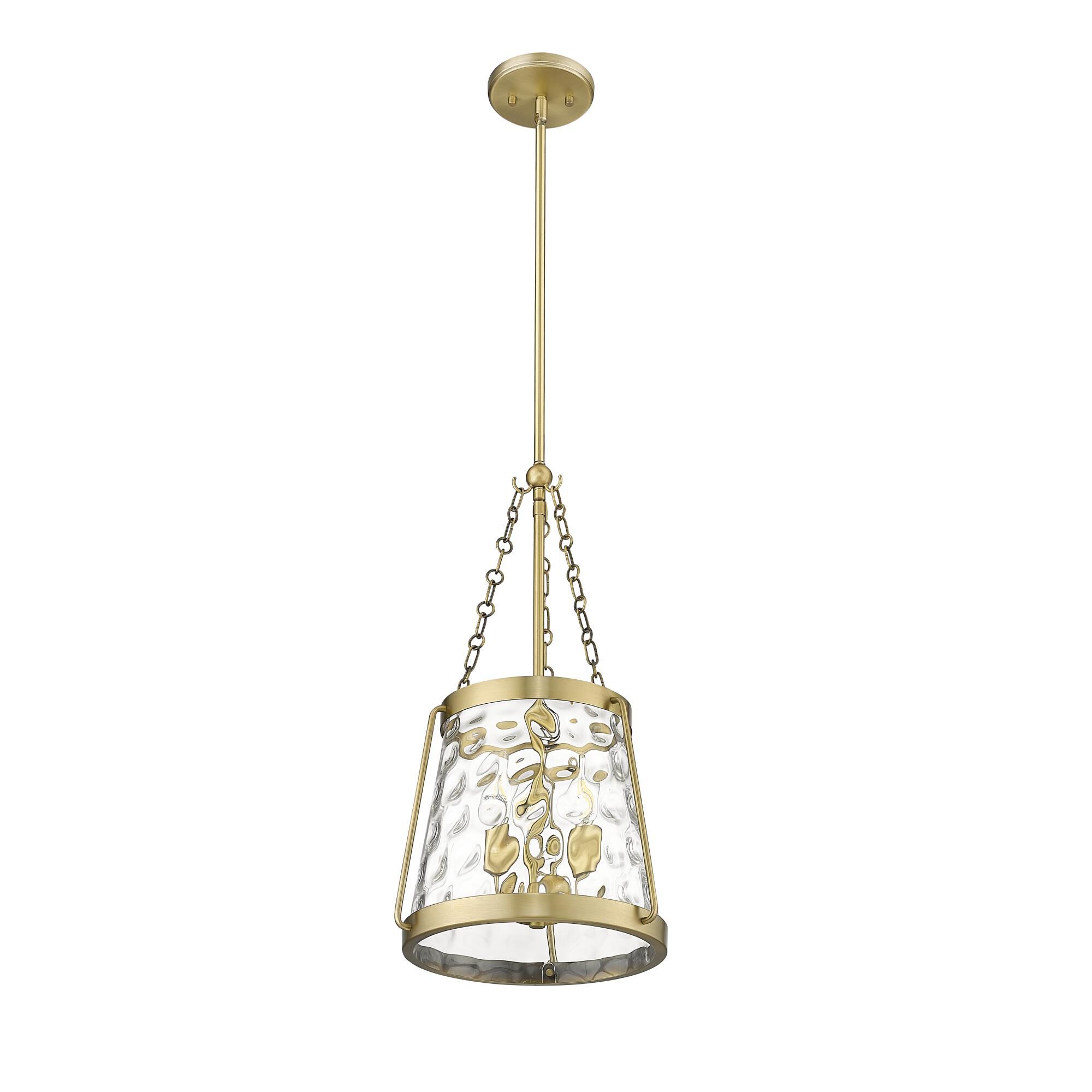Shown in Vintage Brass finish and Clear Hammered glass