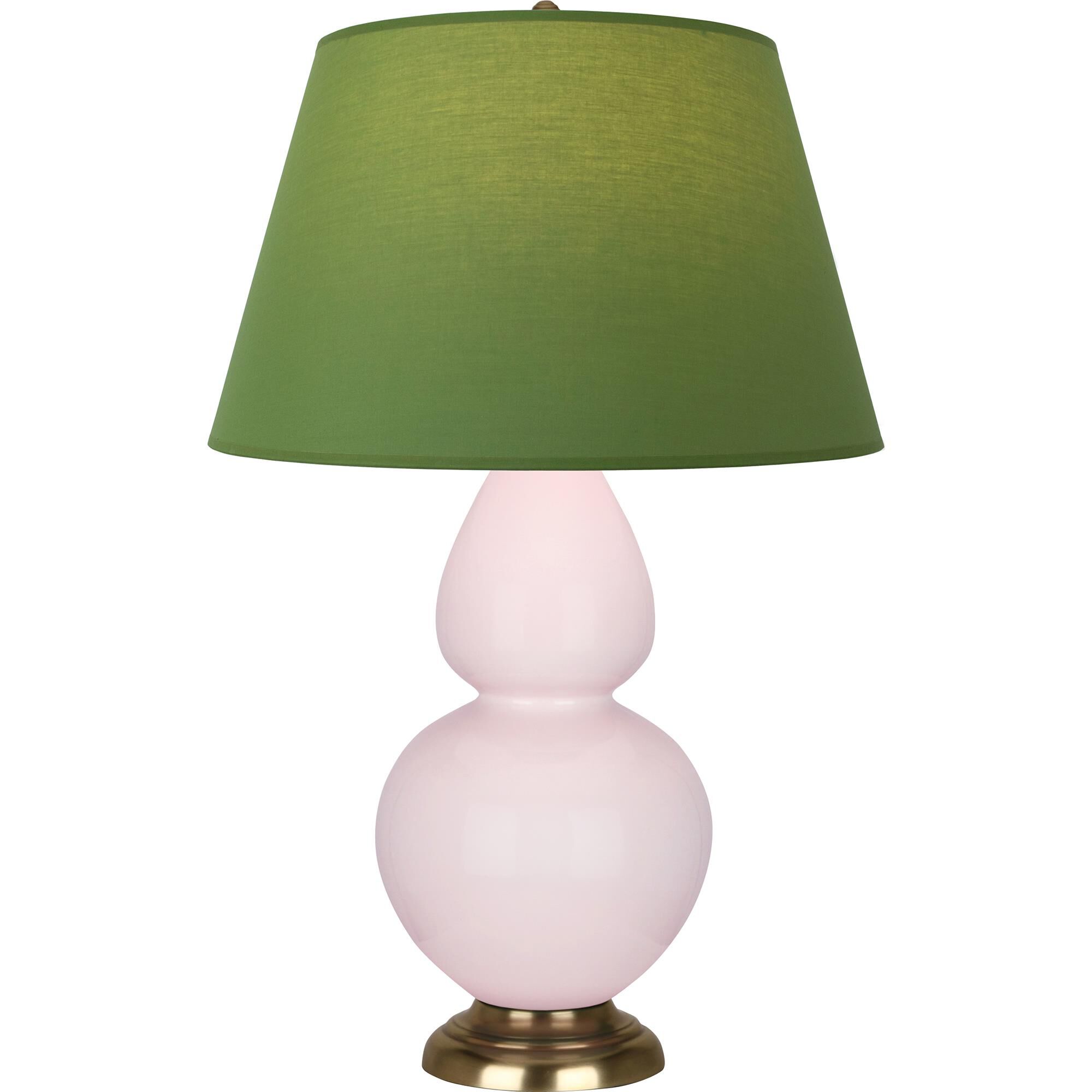 Shown in Rose Water Glazed finish and Tea Green with Taupe Lining shade and Antique Brass accent